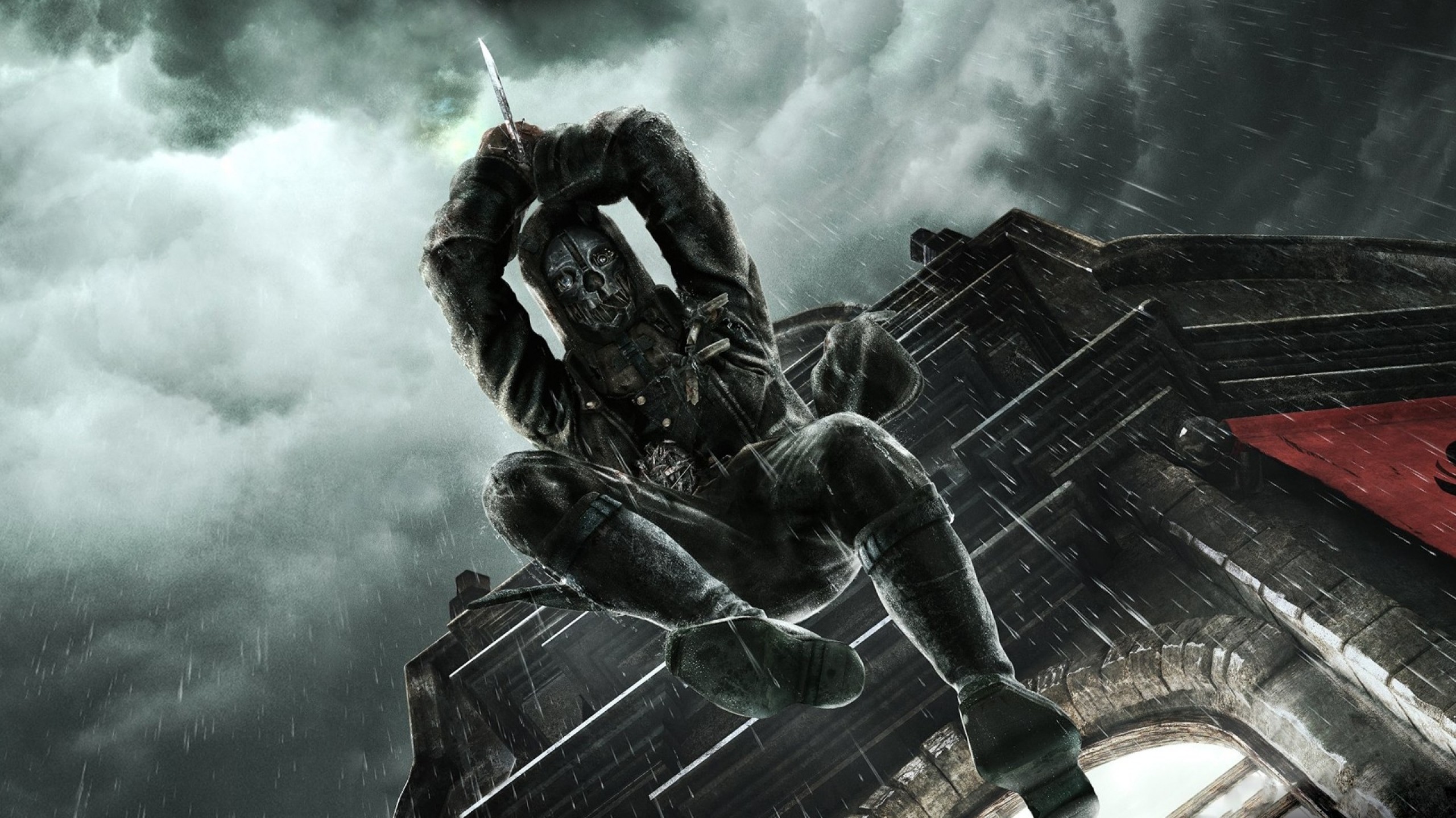 Corvo Attano, Dishonored, Tetti, Tempesta, 2560x1440, sfondo per PC