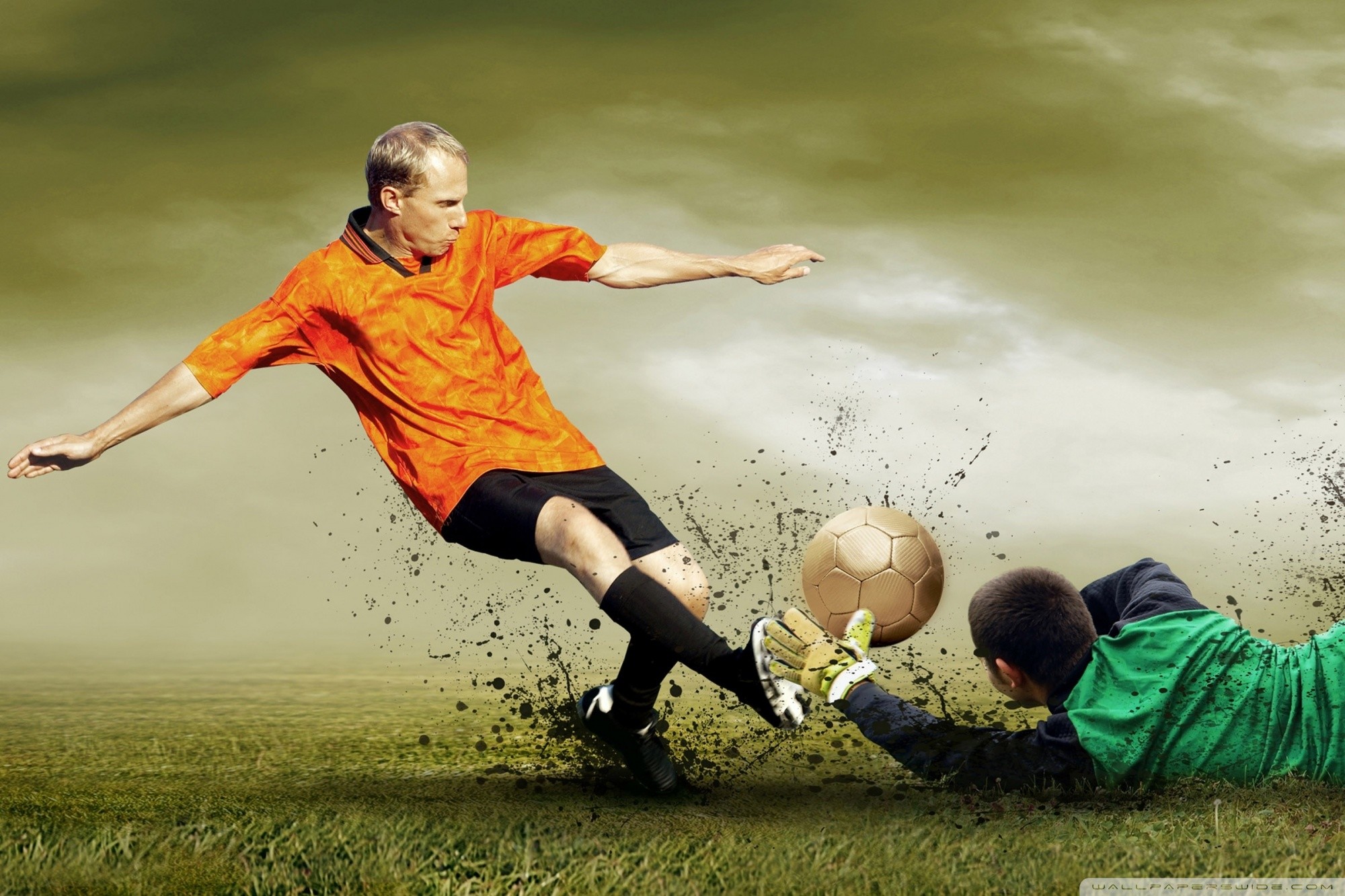 Calciatore, Portiere, Contrasto, Pallone, Maglia arancione, Full HD, sfondo per PC e portatile
