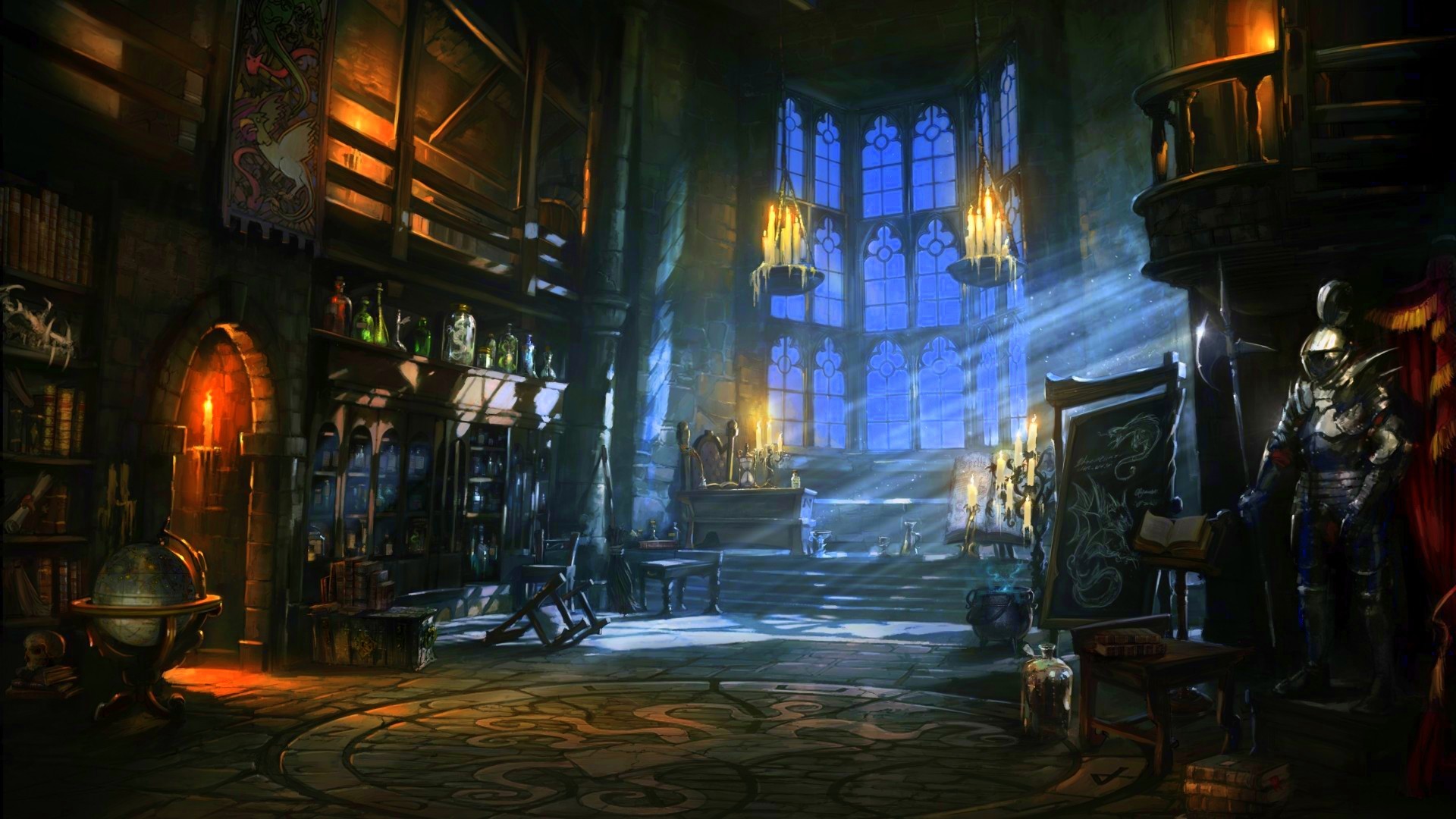 Biblioteca fantasy, Castello, Armatura, Vetrate, Luce, 1920x1080, sfondo per PC