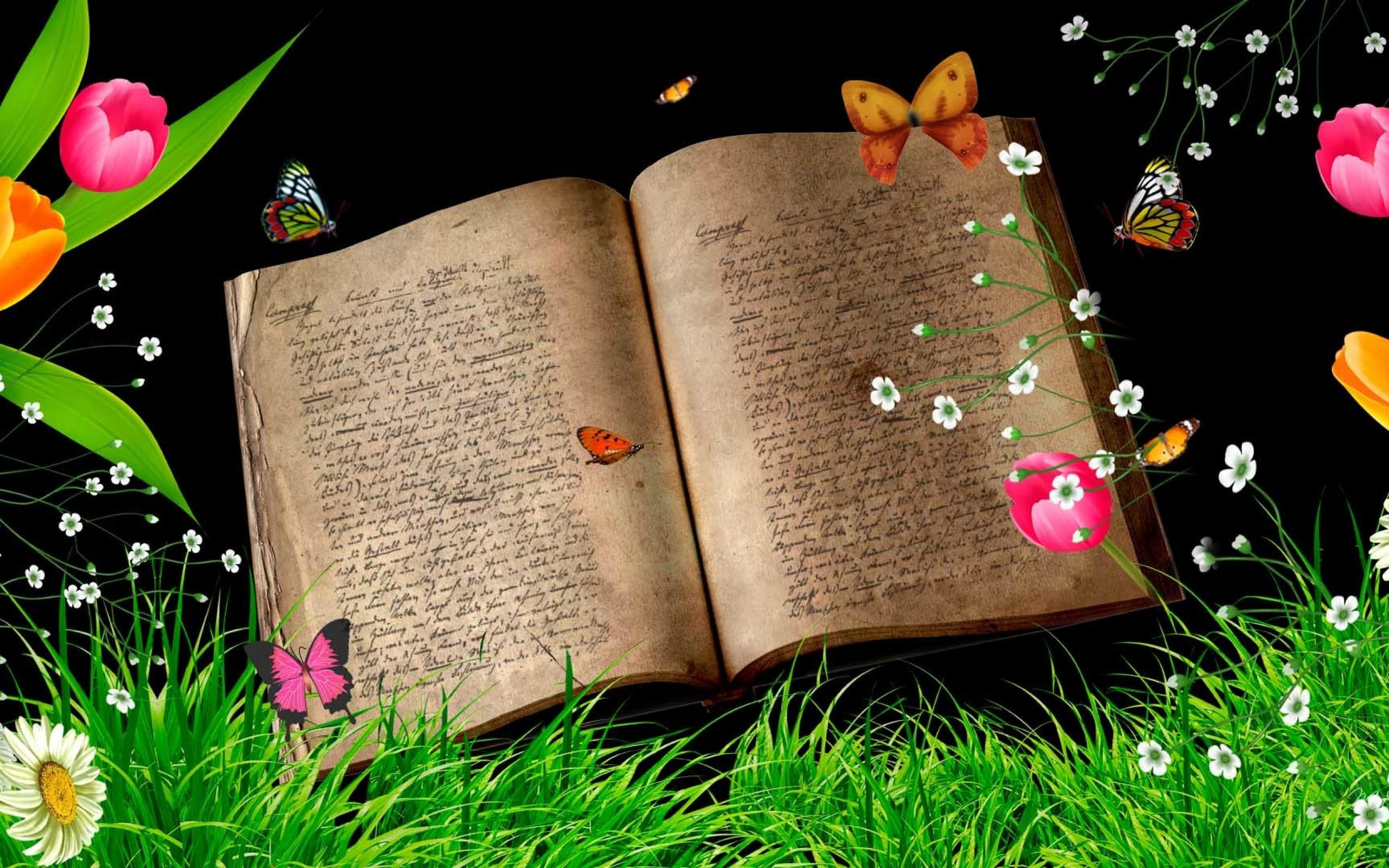 Libro antico, Farfalle, Fiori, Erba, 2K, sfondo per PC