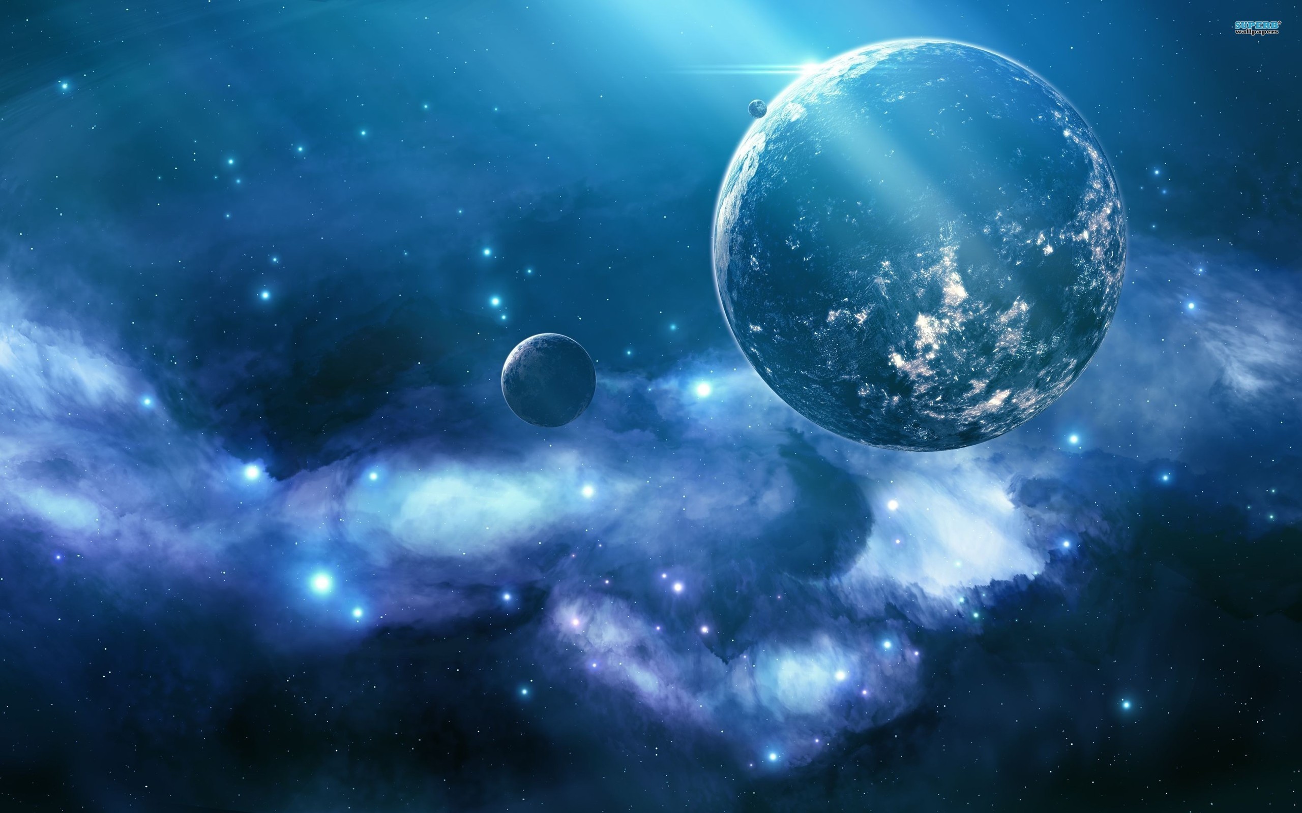 Pianeta, Nebulosa, Luna, Blu, 2K, sfondo desktop