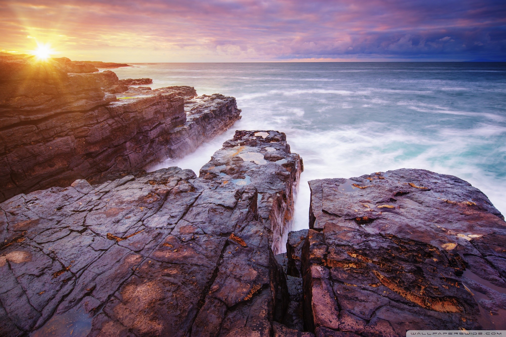 Scogli, Tramonto, Onde, Full HD, wallpaper desktop