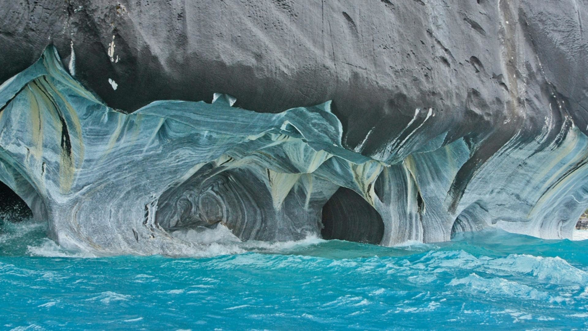 Cattedrale di Marmo, Capillas de Mármol, Lago General Carrera, Patagonia, Cile, Acqua turchese, sfondo 1080p