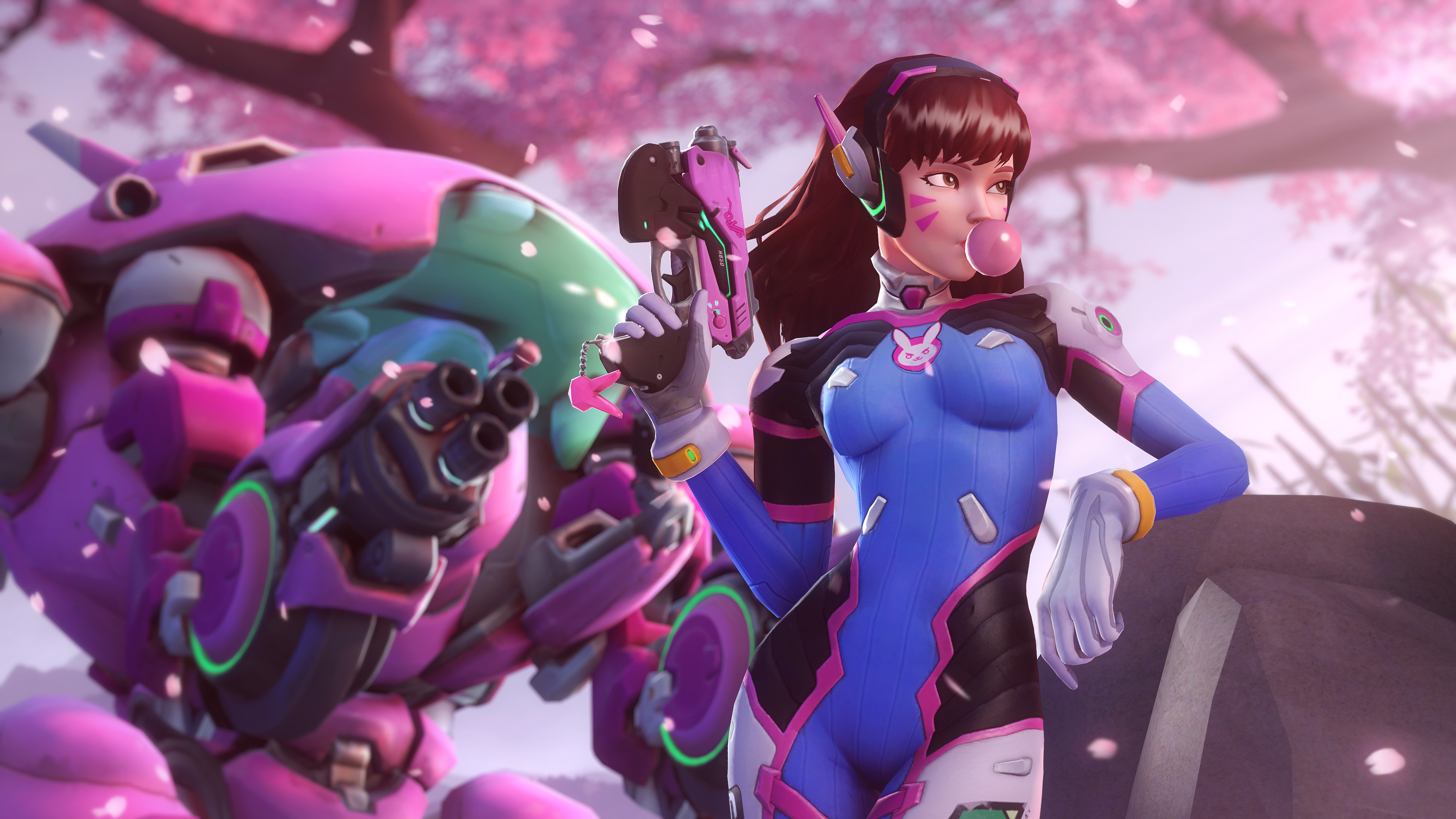 D.Va, Overwatch, MEKA, Fiori di ciliegio, Gomma da masticare, 4K, sfondo desktop