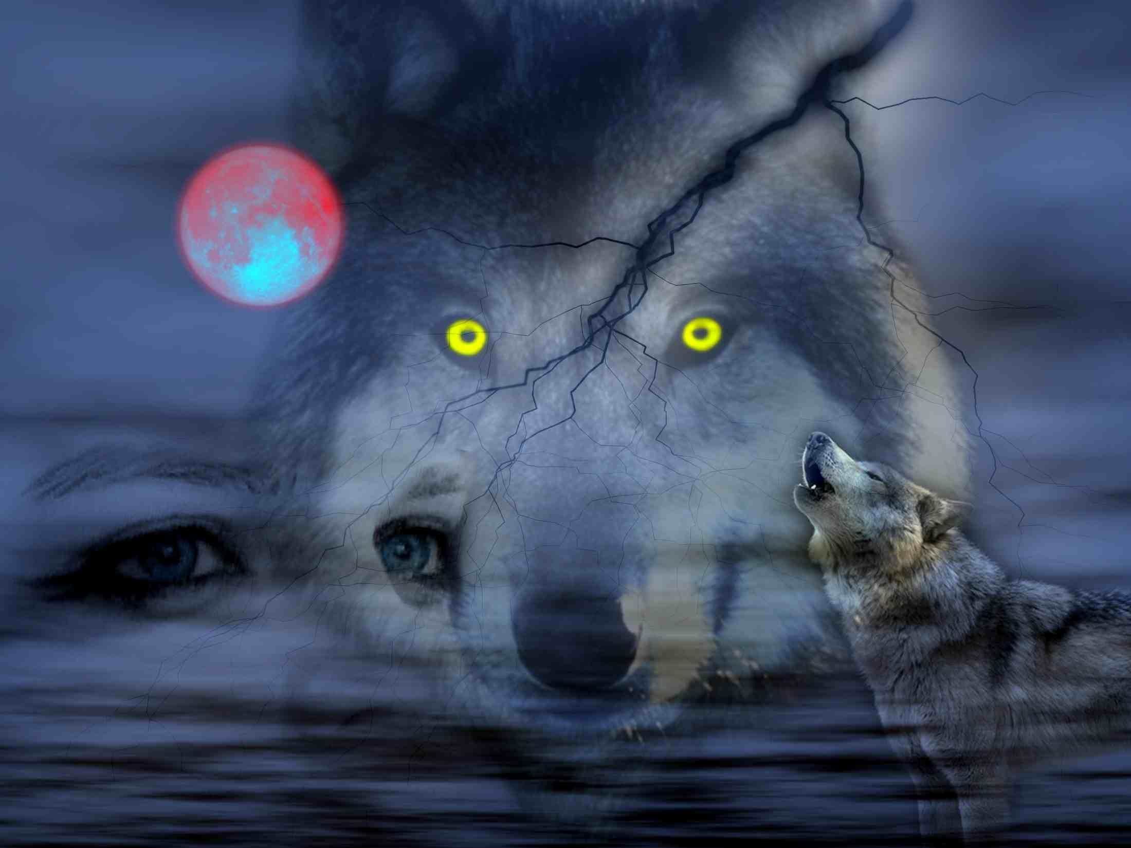 Lupi, Luna rossa, Occhi gialli, Arte fantasy, Full HD, schermata di blocco iPad
