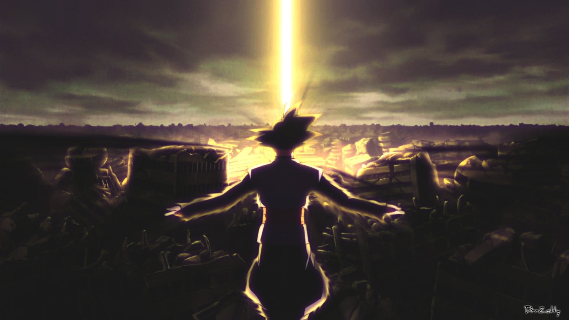 Son Goku, Silhouette, Fascio di luce, Rovine, Dragon Ball, 16:9 Full HD, sfondo widescreen
