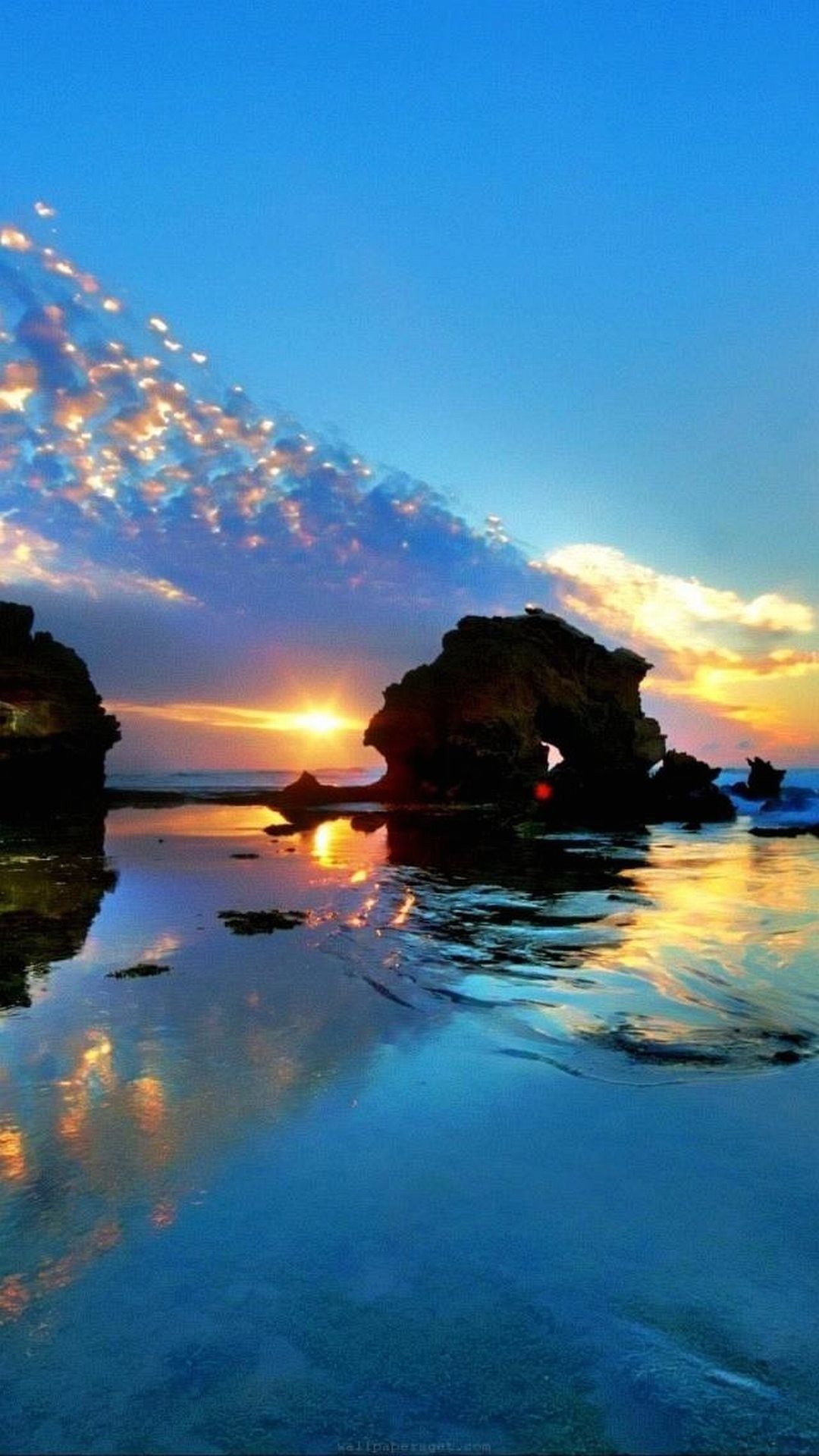 Scogli, Tramonto, Riflesso, Mare, Full HD, wallpaper per smartphone