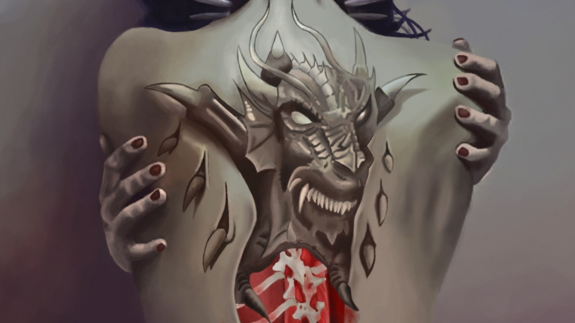 Tatuaggio drago, Schiena tatuata, Unghie rosse, Mani, Full HD, sfondo per portatile