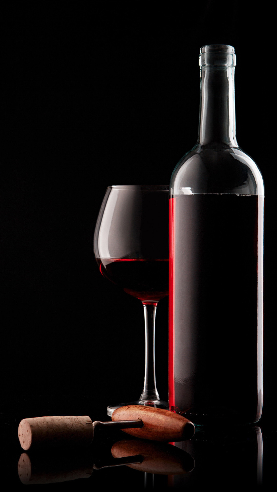 Bottiglia di vino, Calice, Vino rosso, Tappo di sughero, Sfondo nero, schermata di blocco smartphone