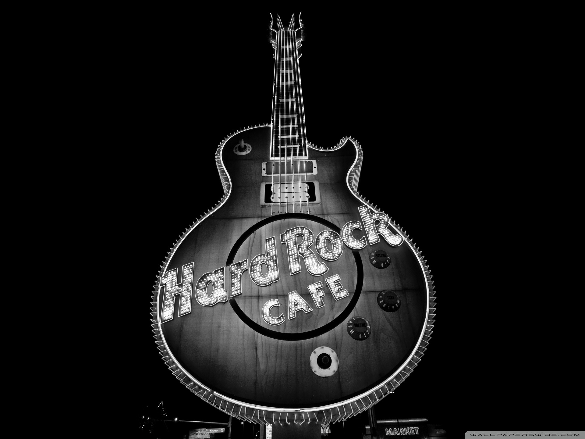 Hard Rock Cafe, Chitarra, Insegna, Sfondo nero, Full HD, schermata di blocco iPad