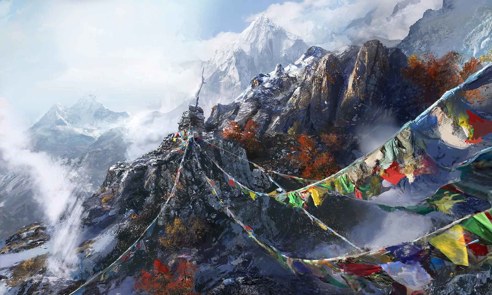 Far Cry 4, Himalaya, Bandiere di preghiera, Montagne, Full HD, sfondo per PC e portatile