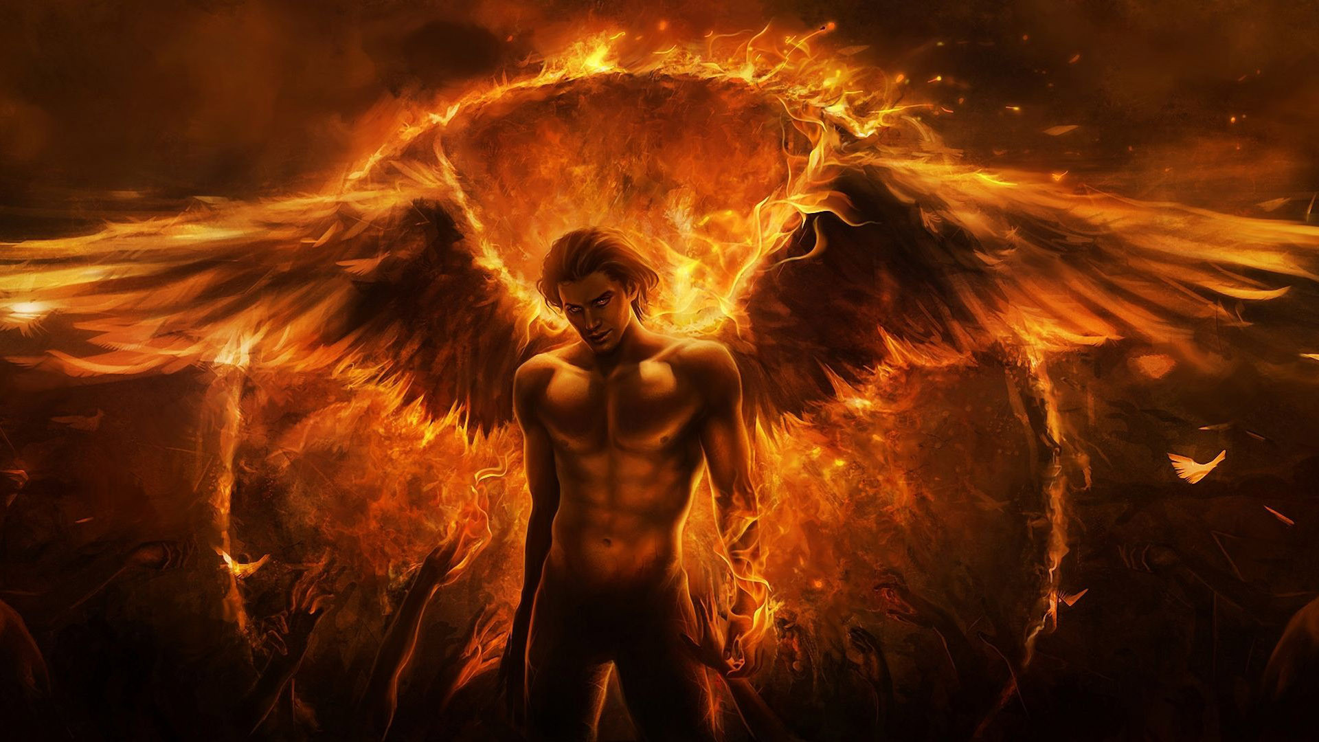Angelo di fuoco, Ali infuocate, Fiamme, Arte fantasy, 1920x1080, wallpaper desktop
