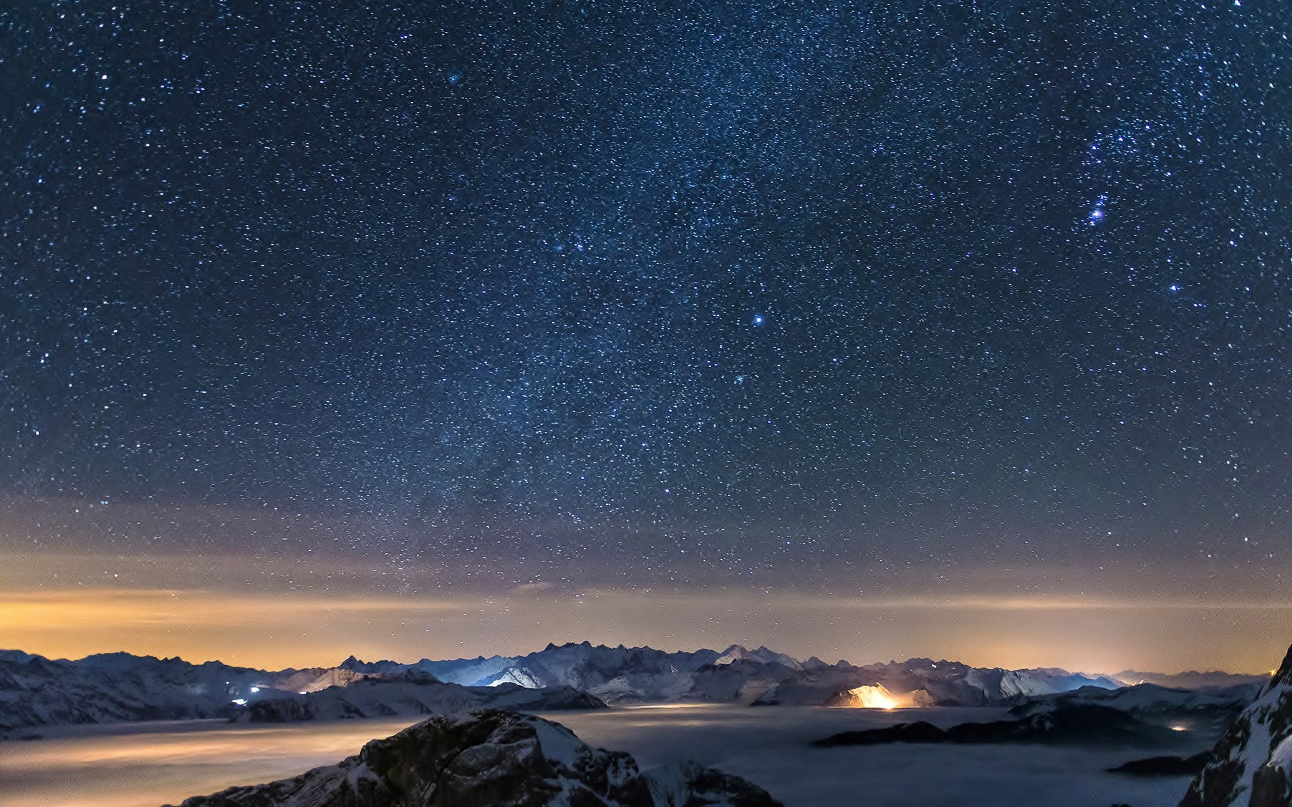 Cielo stellato, Montagne, Notte, Blu, 2K, sfondo Windows 10