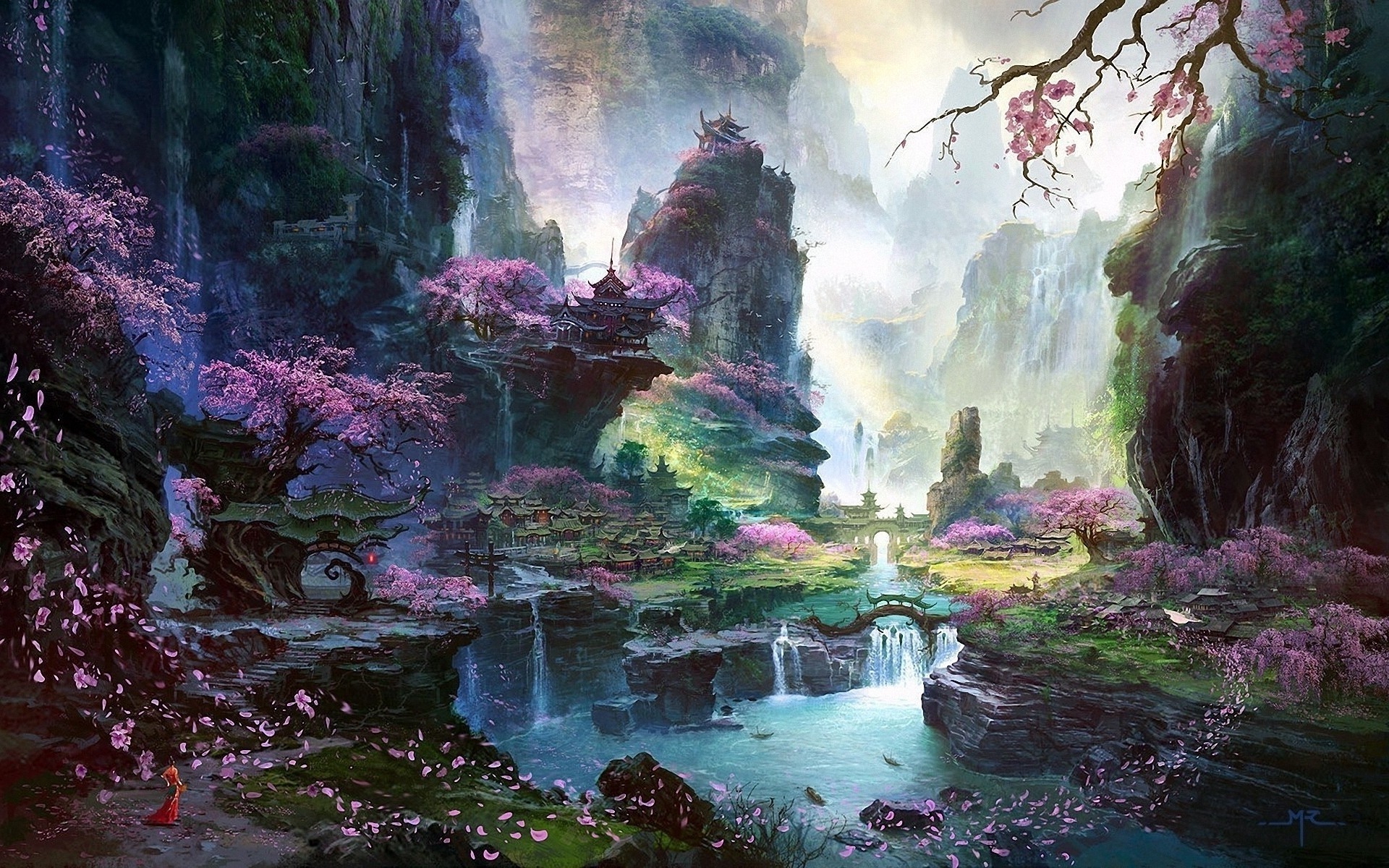 Valle fantastica, Ciliegi in fiore, Cascate, Montagne, Fantasy, Colori vivaci, sfondo Full HD