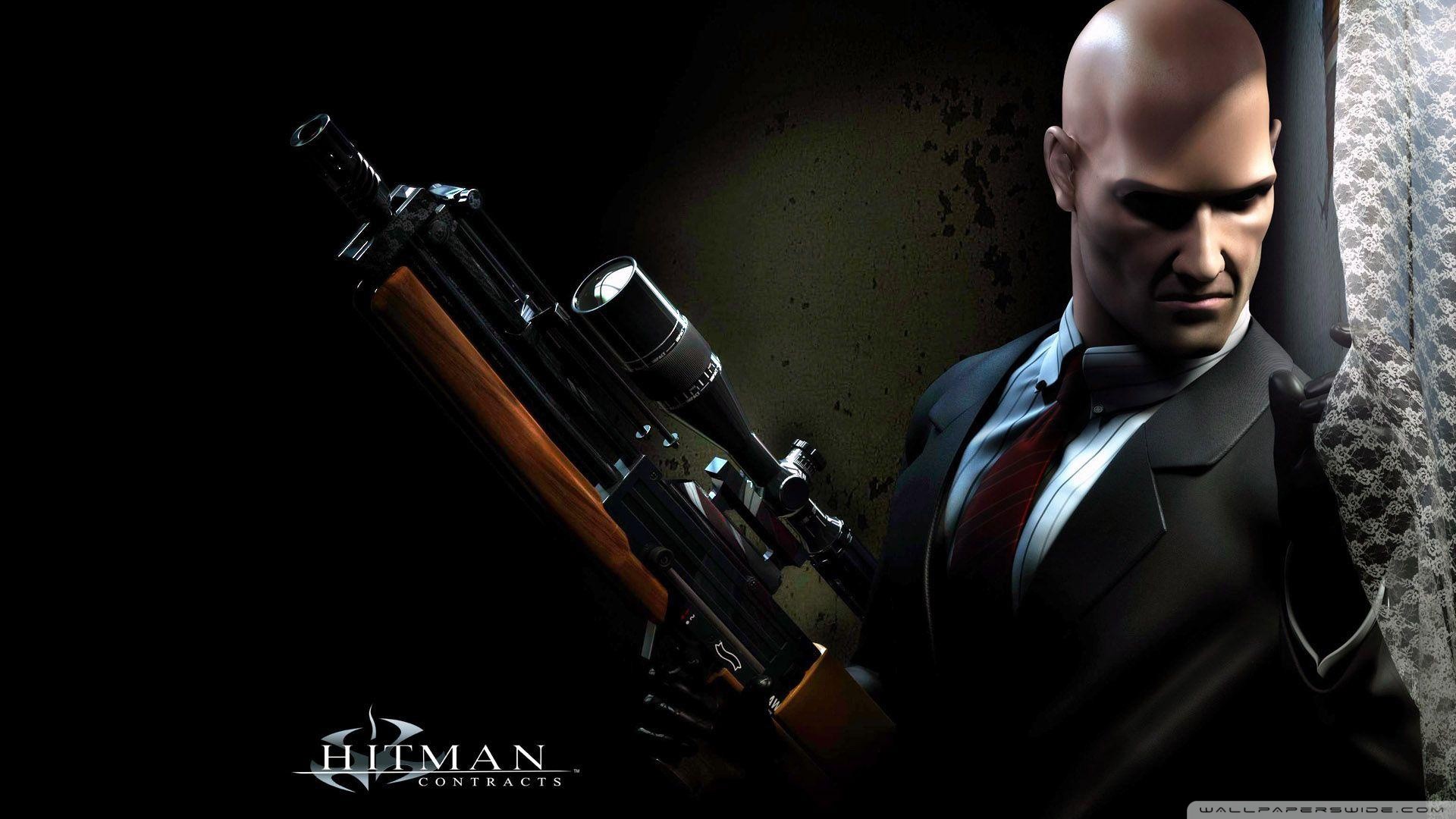 Hitman: Contracts, Agente 47, Fucile di precisione, Sfondo nero, wallpaper desktop Full HD