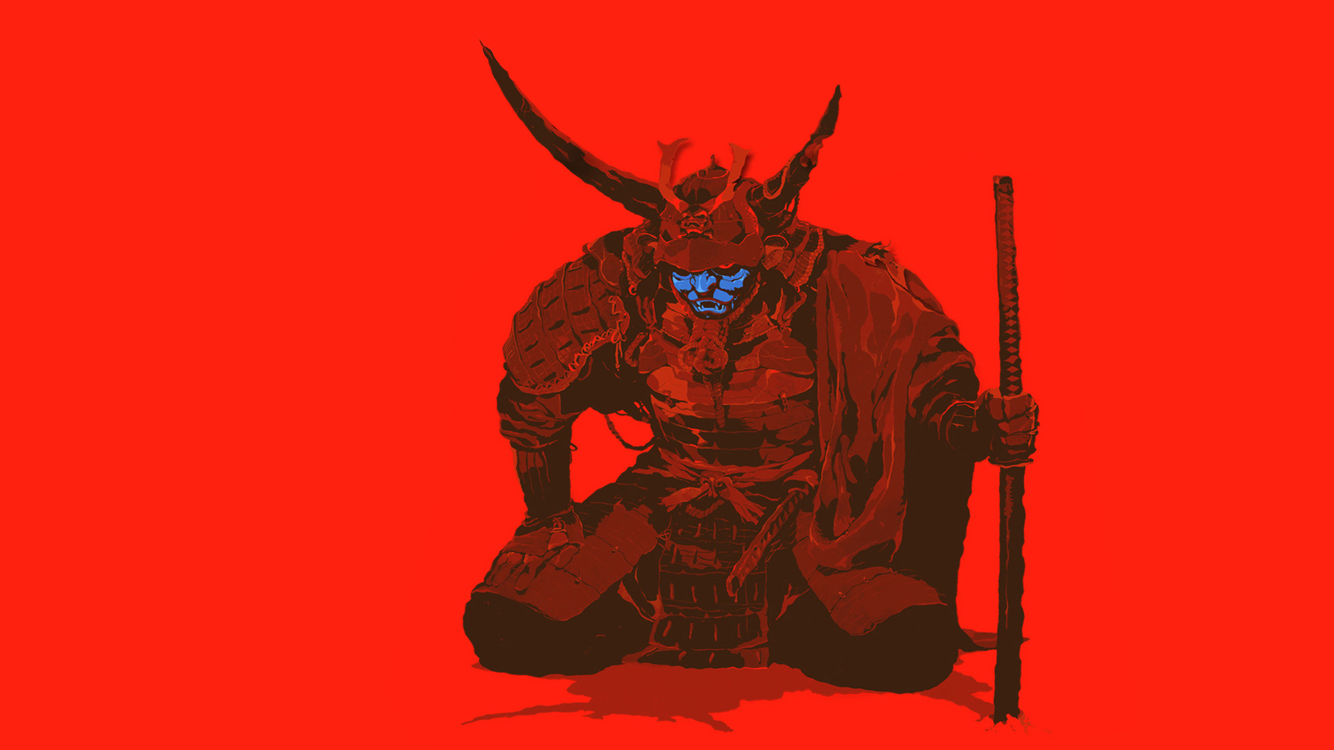 Samurai, Maschera oni, Illustrazione, Sfondo rosso, 16:9 Full HD, wallpaper widescreen