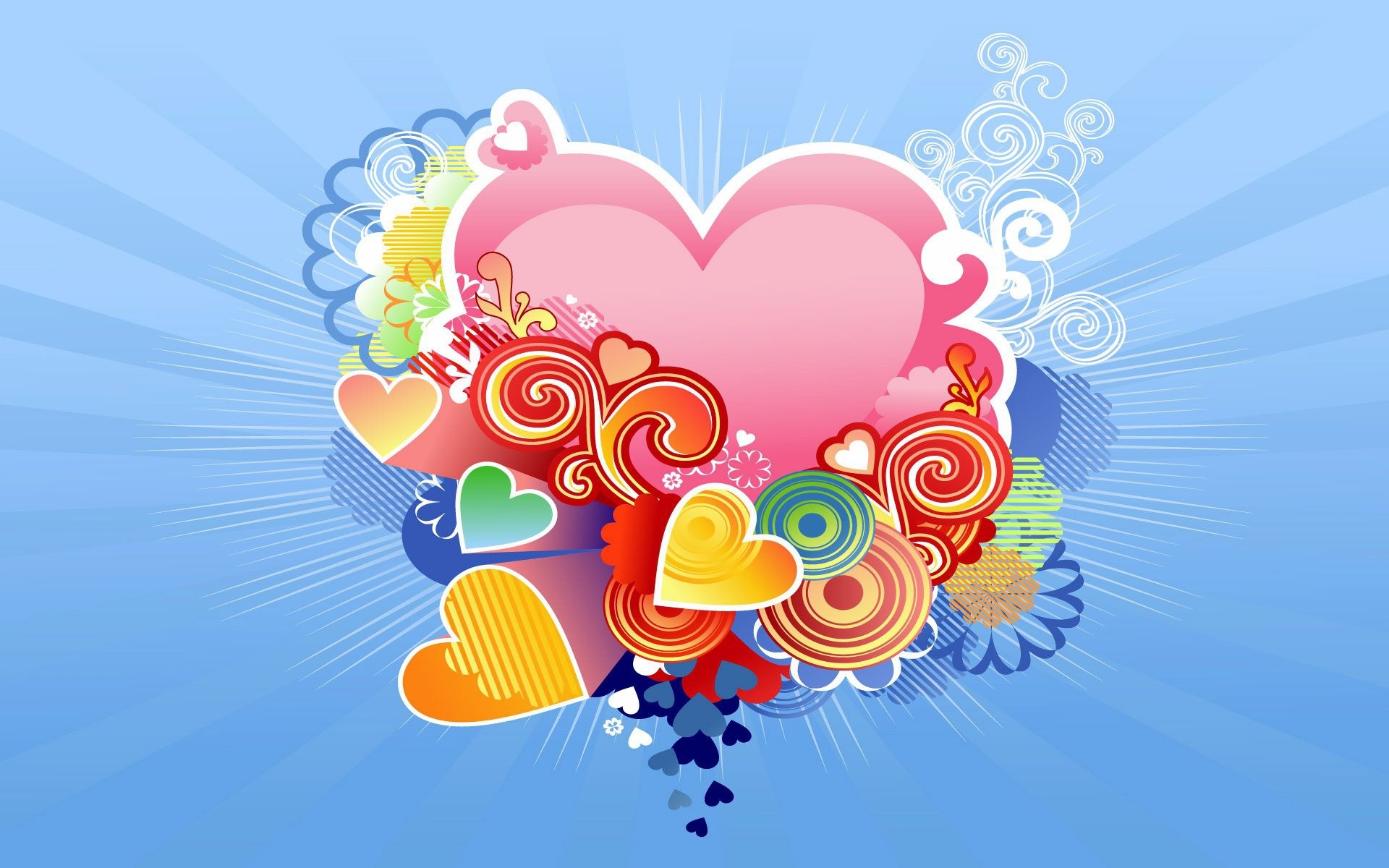 Cuori colorati, Spirali, Sfondo azzurro, Illustrazione, Full HD, wallpaper desktop