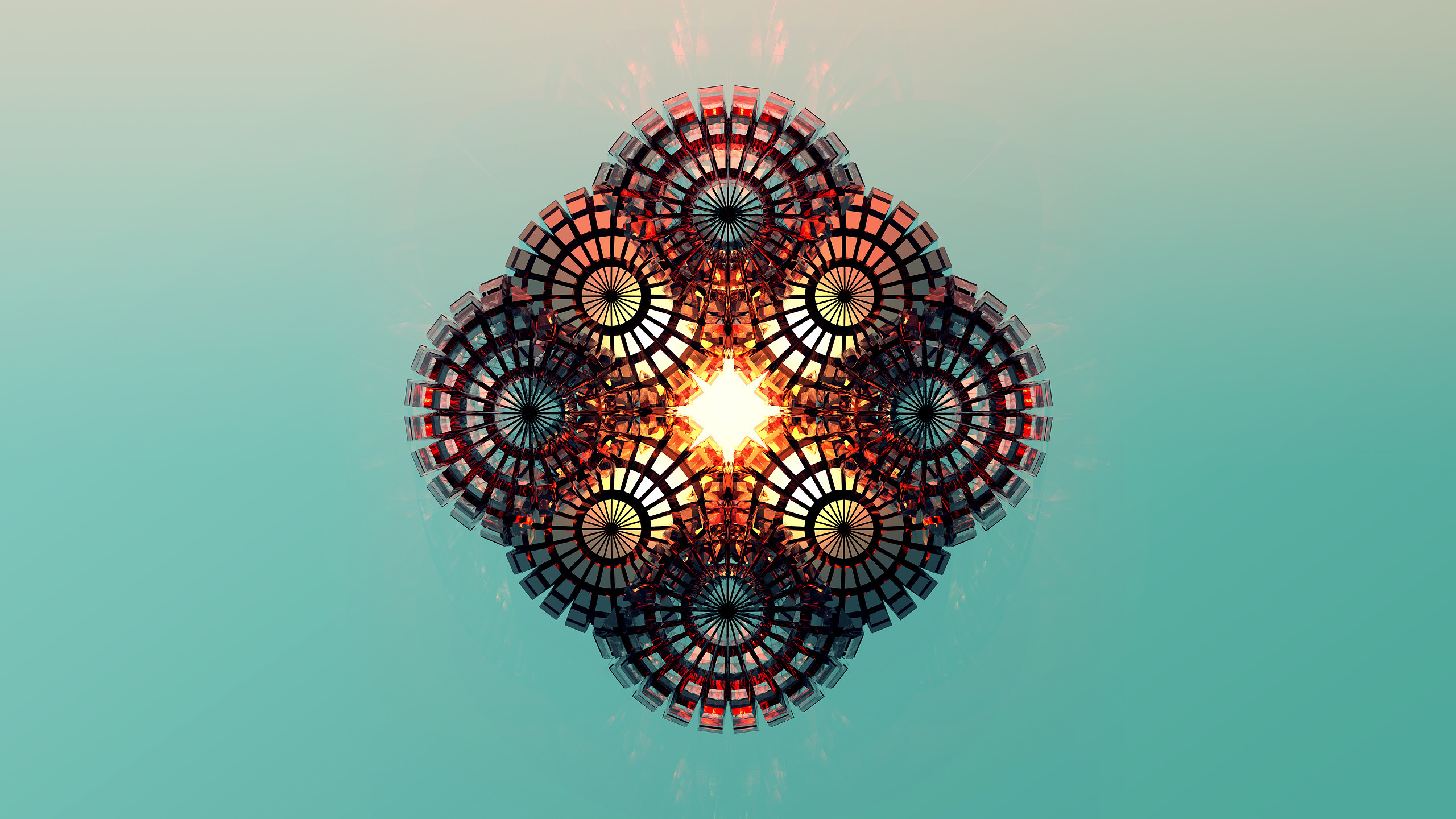 Mandala, Frattale, Sfondo verde acqua, Luce, 16:9 2K, wallpaper widescreen