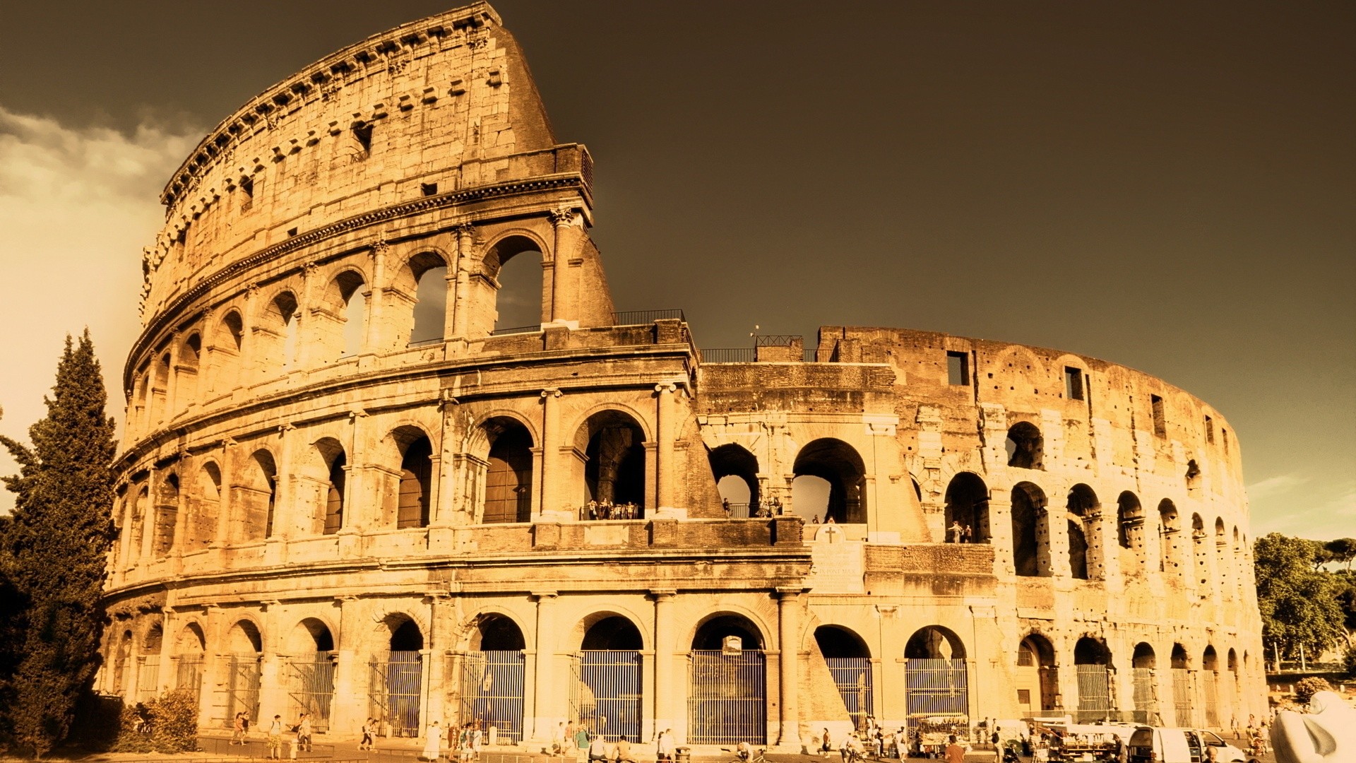 Colosseo, Roma, Tramonto, Cielo dorato, Rovine, Full HD, sfondo desktop