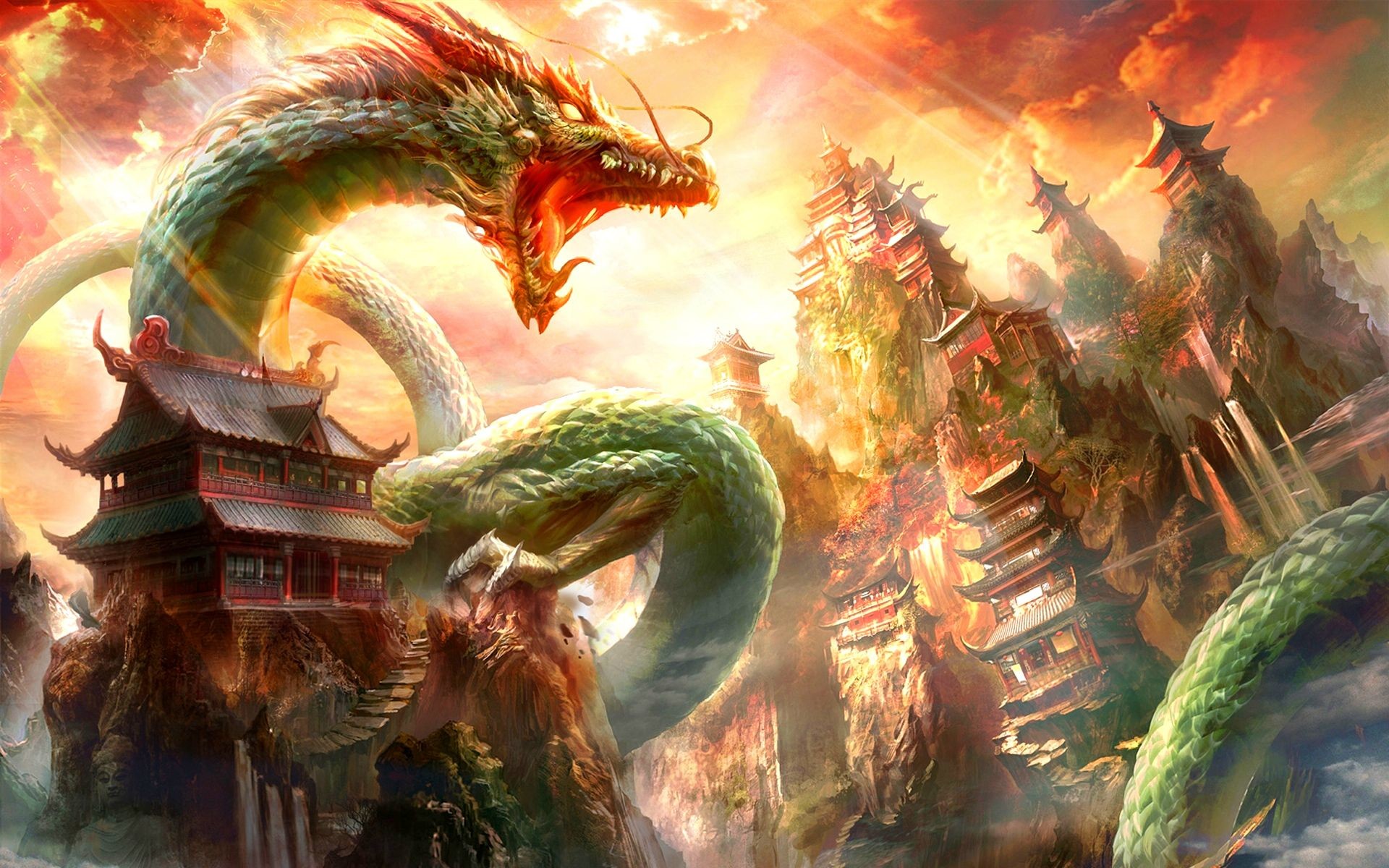 Drago orientale, Pagoda, Arte fantasy, Montagne, 1920x1200, immagine di sfondo