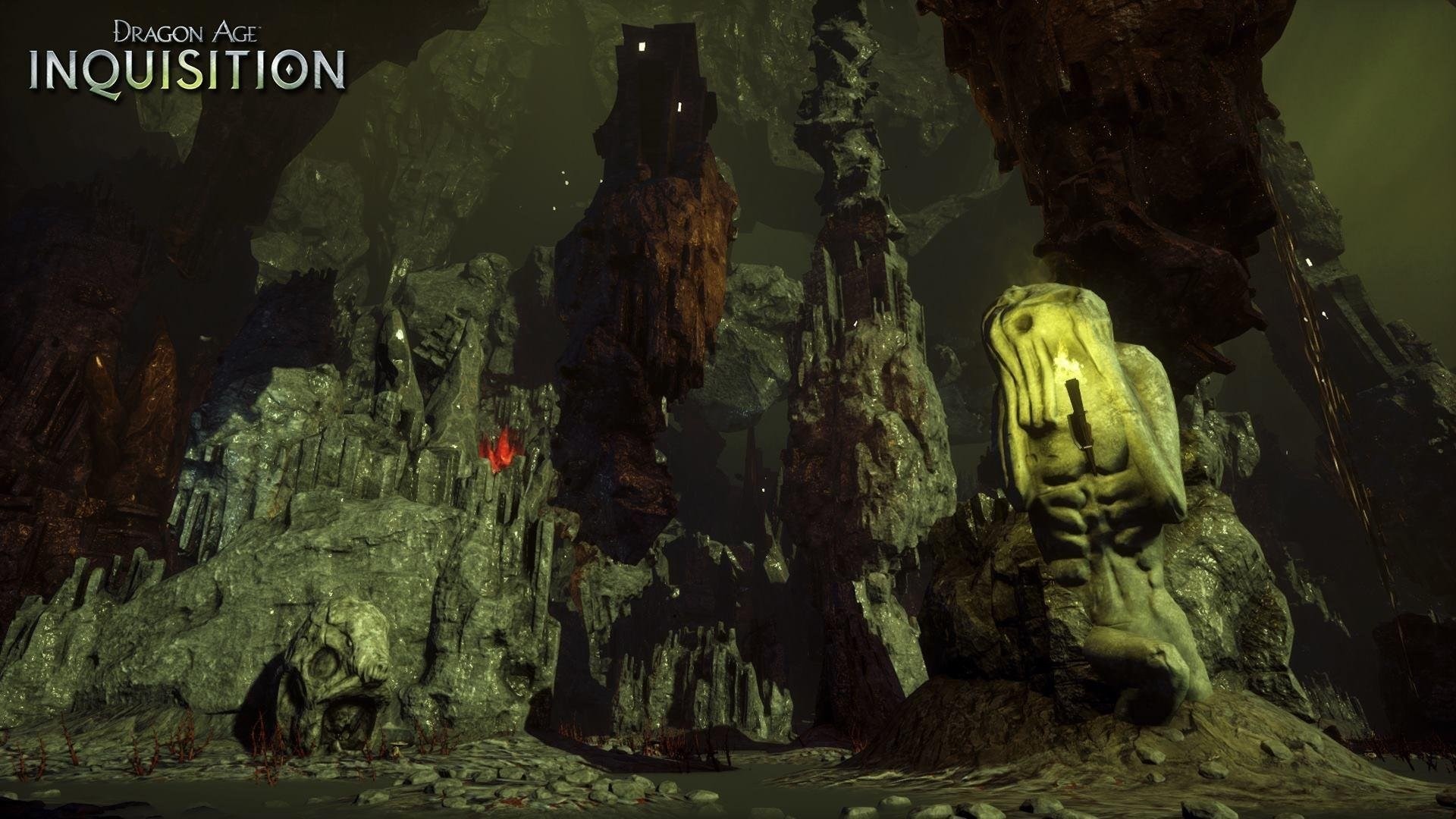 Dragon Age: Inquisition, Caverna, Statua, Toni verdi, 16:9 Full HD, sfondo widescreen