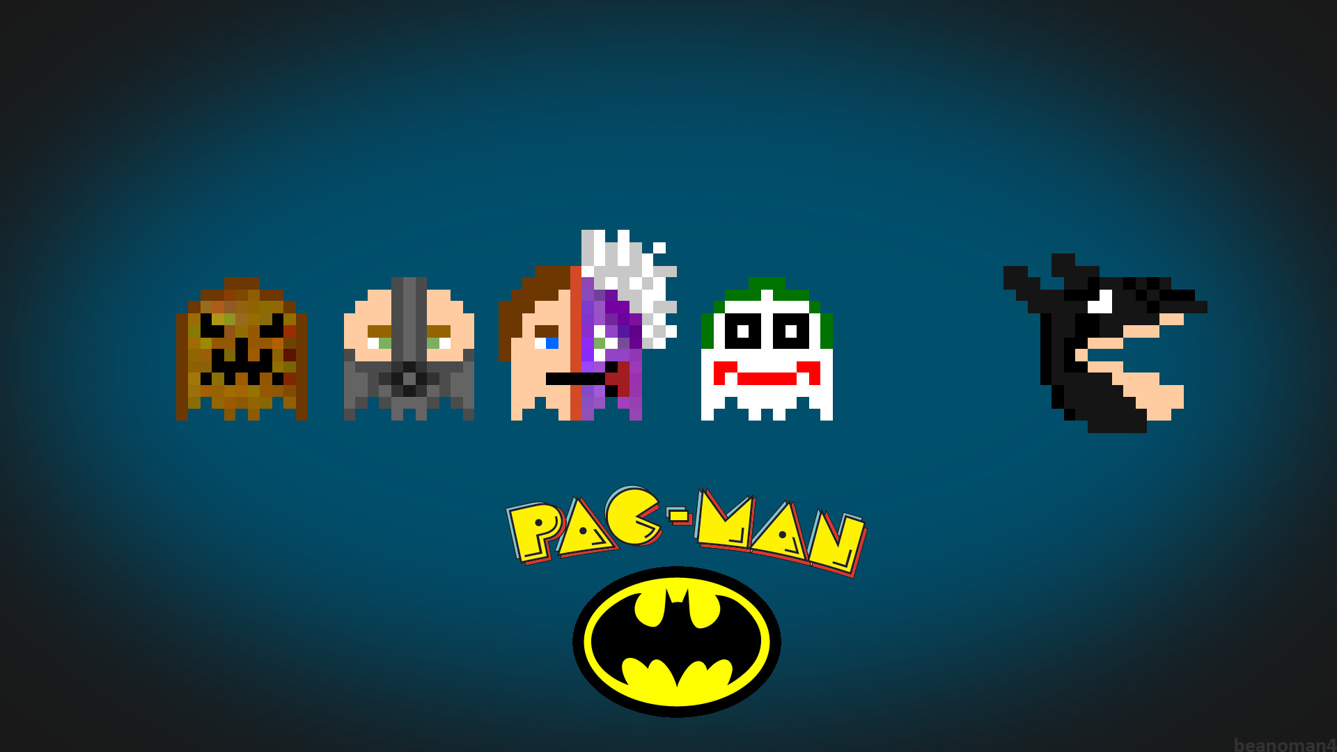 Pac-Man, Batman, Joker, Crossover, Pixel art, 16:9 Full HD, sfondo widescreen