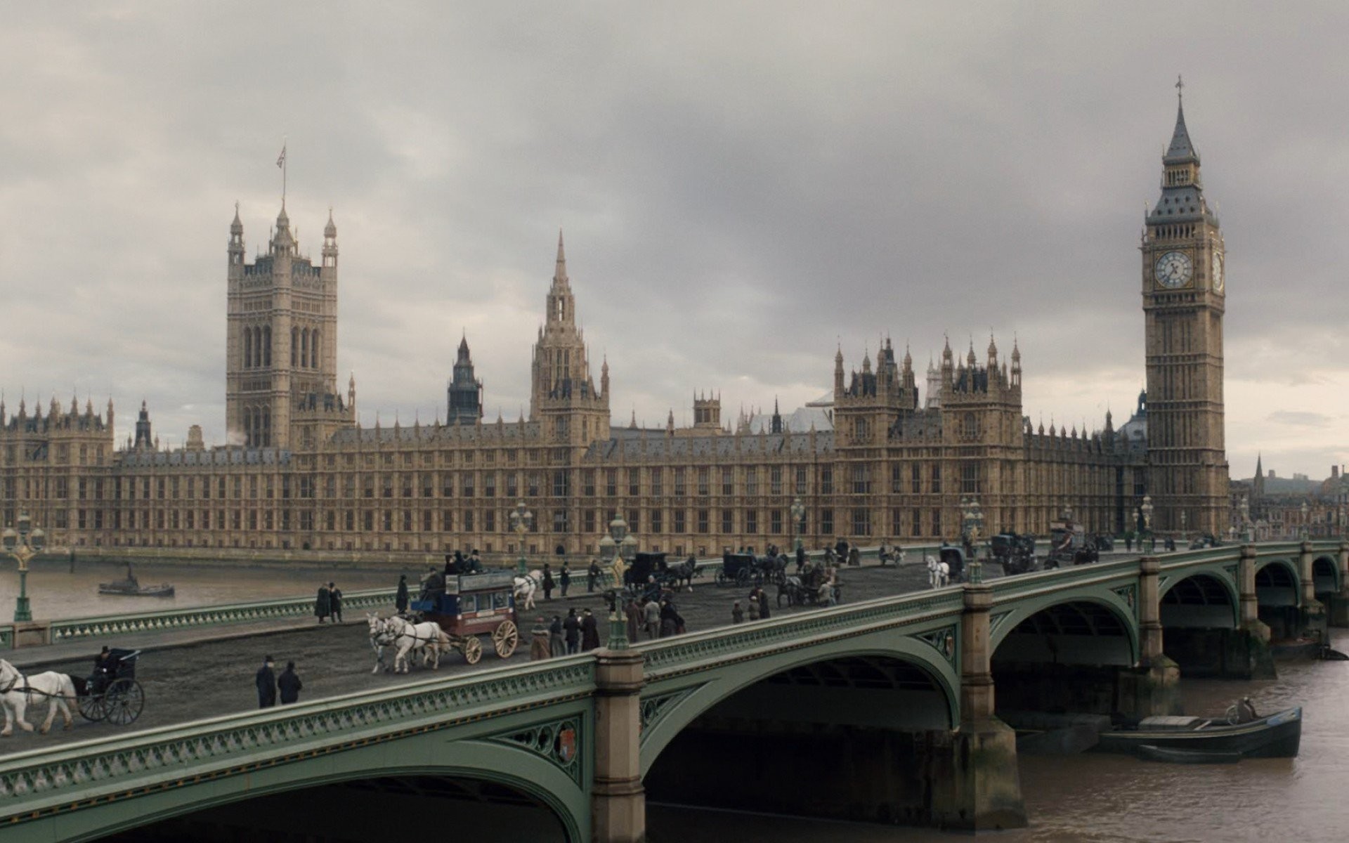 Palazzo di Westminster, Big Ben, Ponte di Westminster, Londra, Cielo nuvoloso, immagine di sfondo