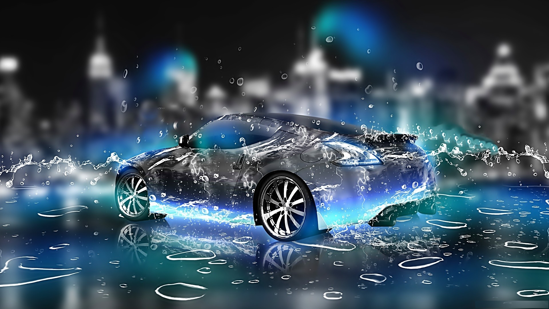 Auto sportiva, Acqua, Arte digitale, Blu, sfondo Full HD per desktop