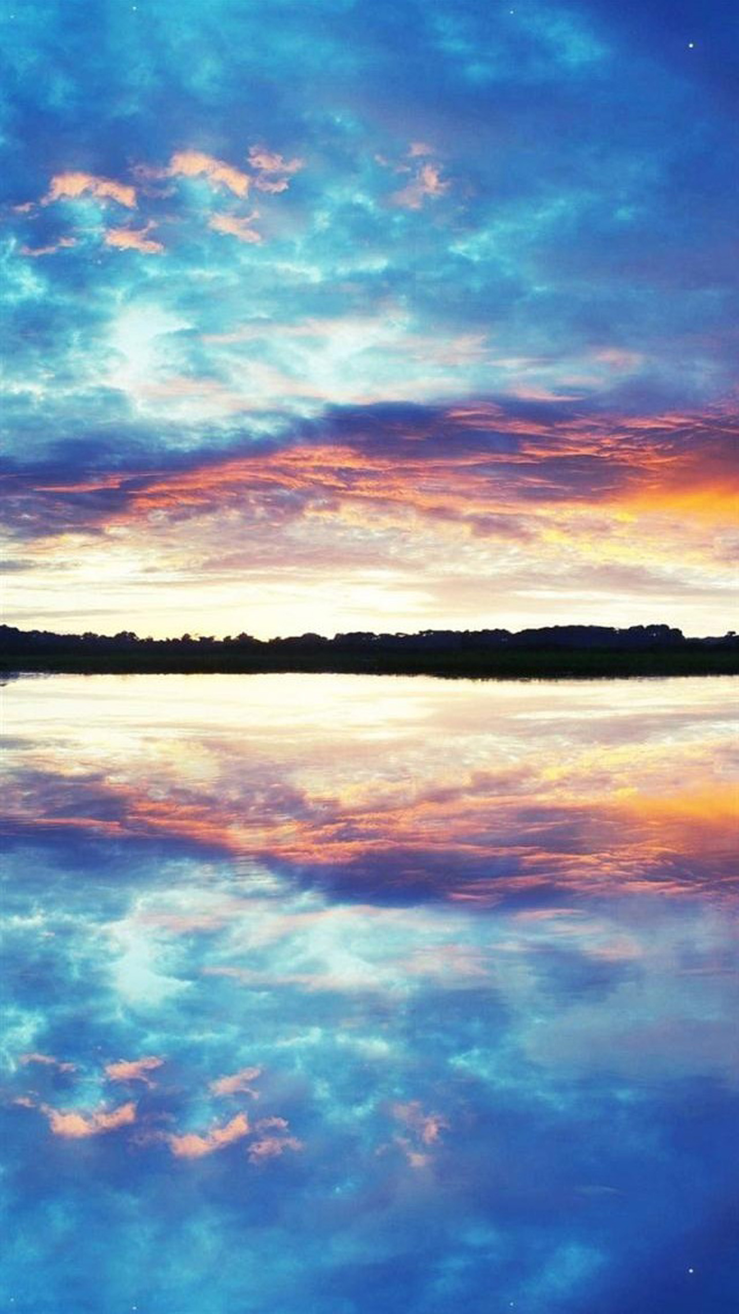 Lago, Nuvole, Tramonto, Simmetria, Cielo blu, wallpaper LG G3