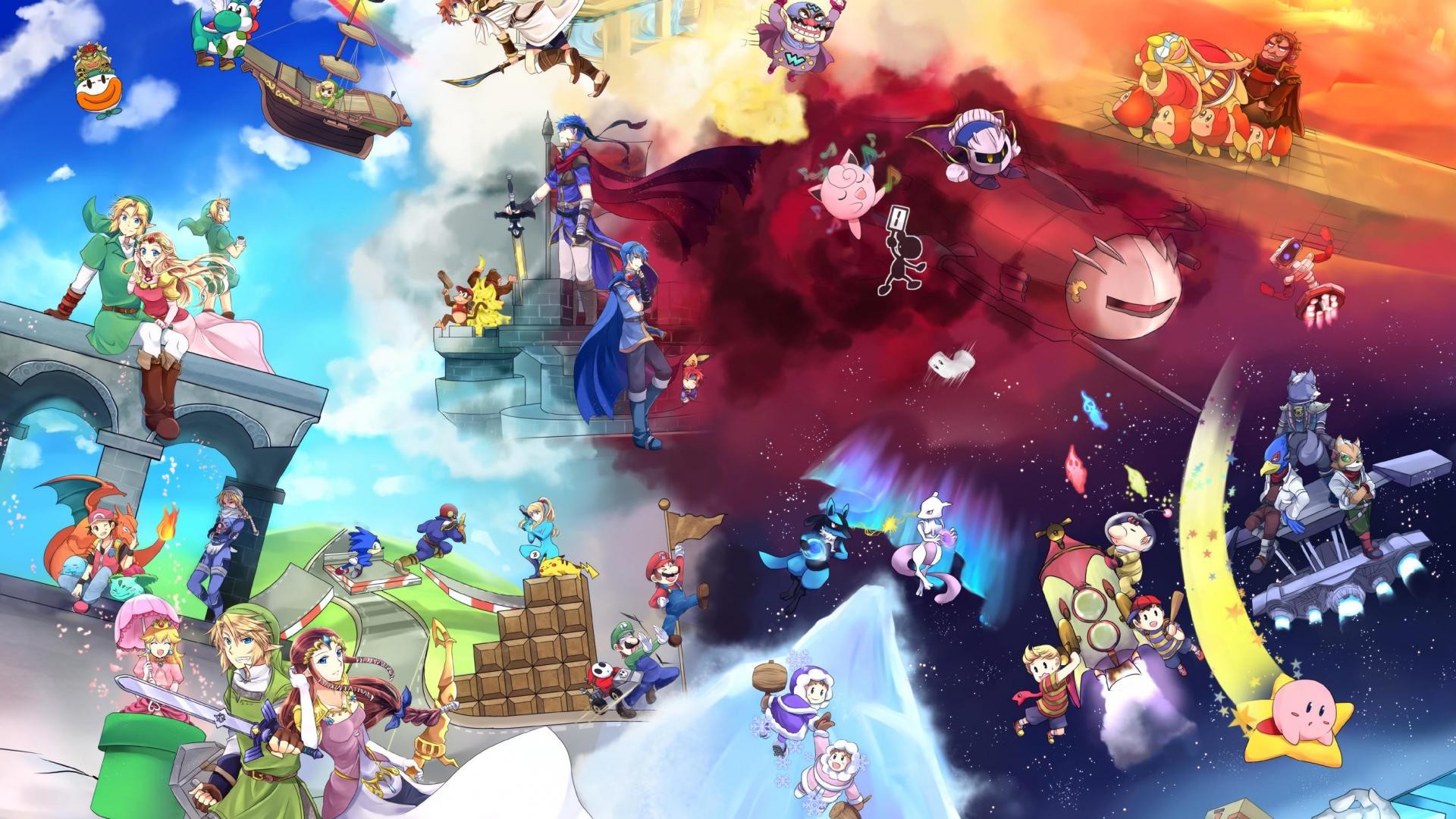 Personaggi Nintendo, Kirby, Link, Super Smash Bros., Arte digitale, sfondo widescreen Full HD