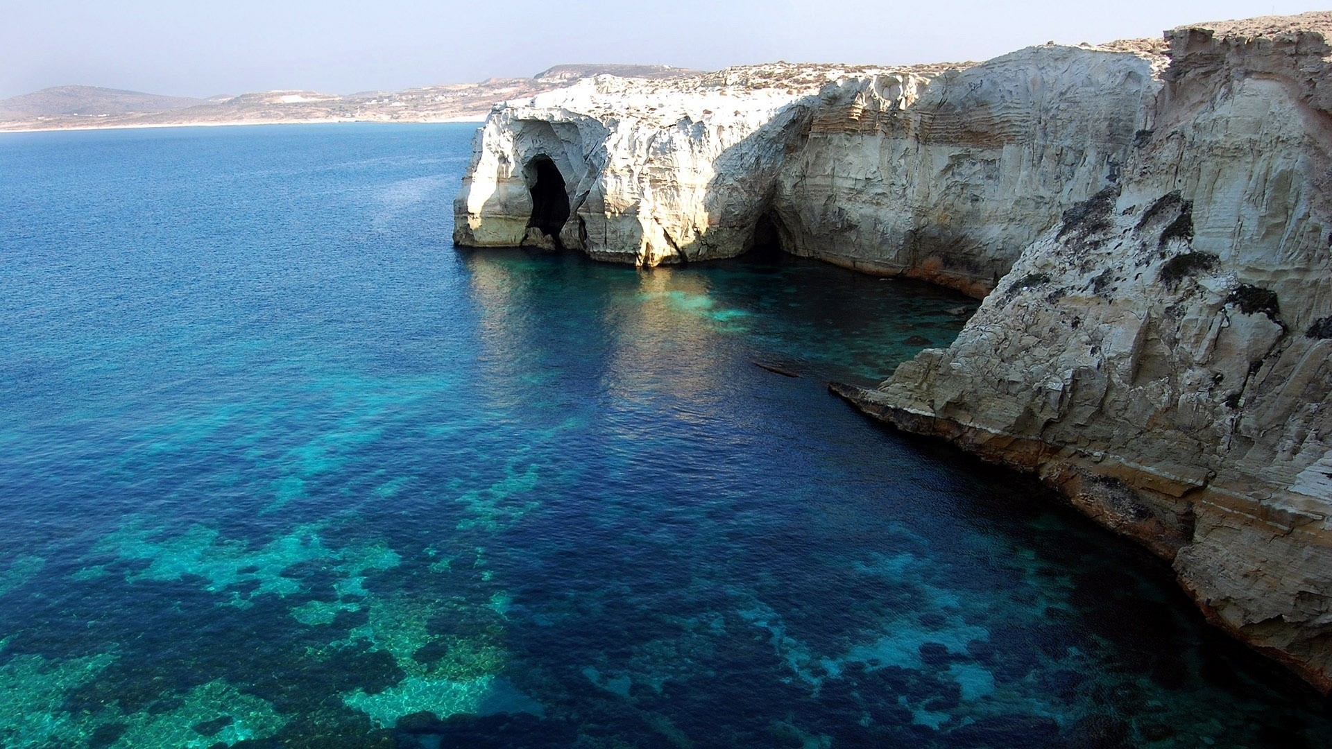 Scogliera bianca, Grotta marina, Acqua turchese, Costa rocciosa, Mare, sfondo desktop 1920x1080