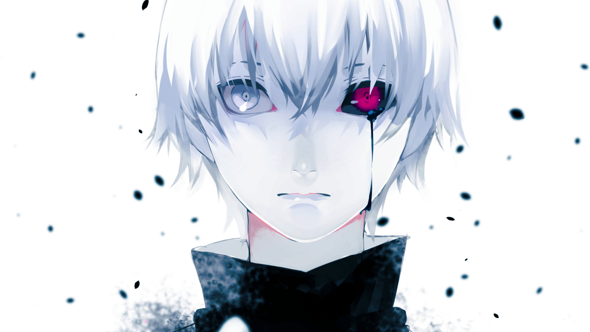 Ken Kaneki, Tokyo Ghoul, Capelli bianchi, Occhio rosso, Sfondo bianco, wallpaper desktop Full HD