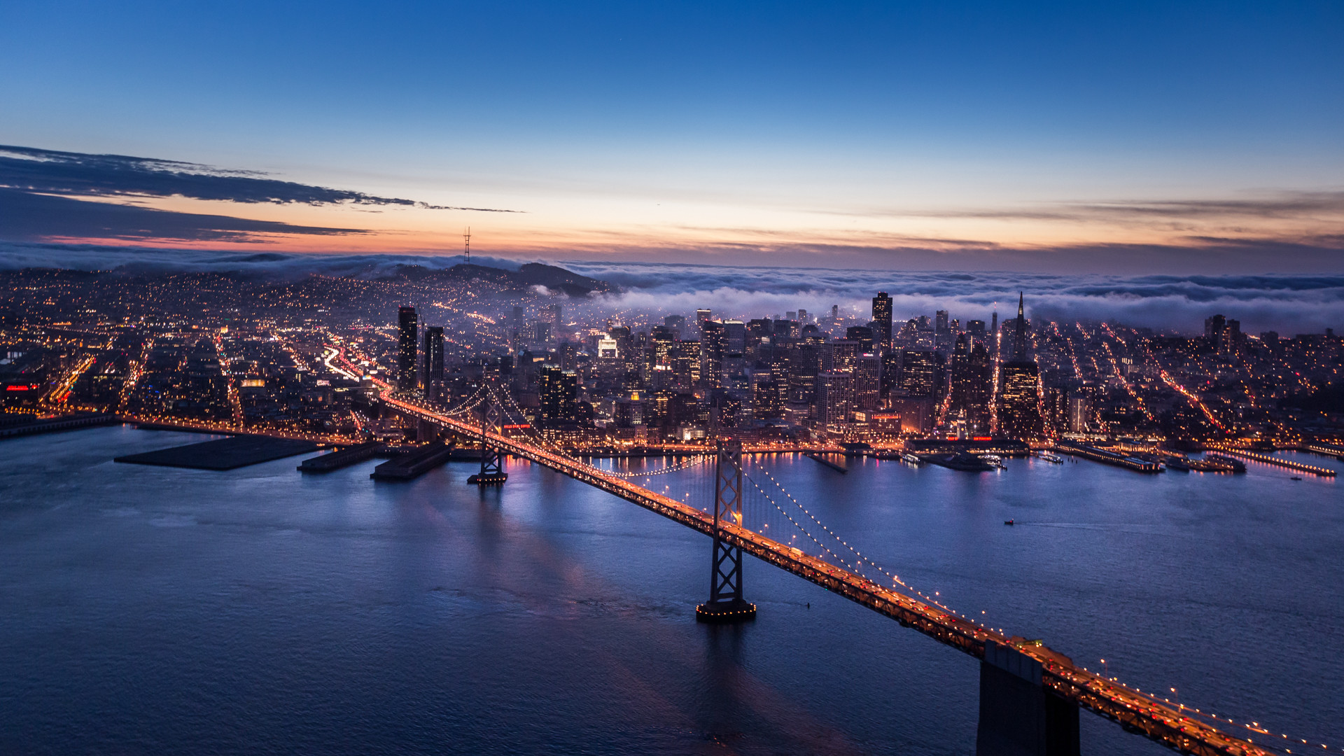 Bay Bridge, San Francisco, Skyline, Crepuscolo, Vista aerea, Full HD 1080p, sfondo desktop