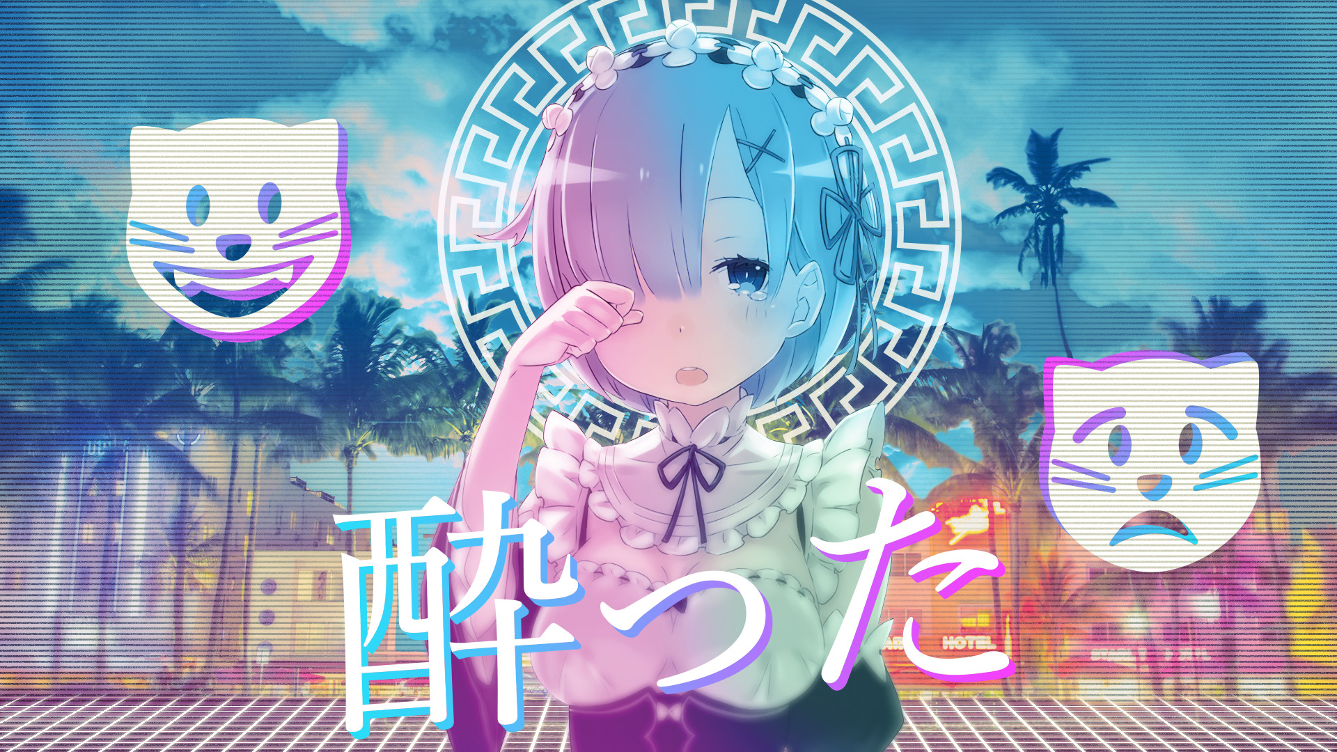 Rem, Re:Zero, Vaporwave, Palme, Kanji, Anime, Full HD, wallpaper per computer