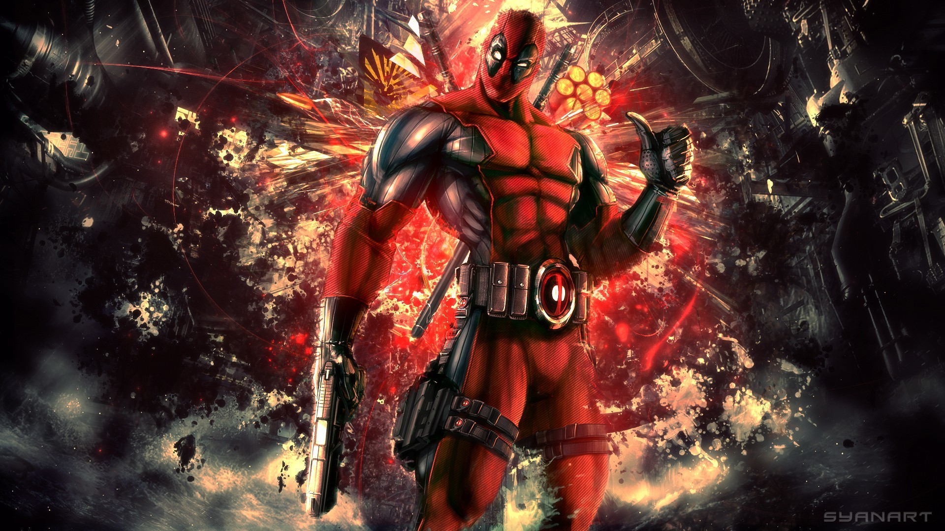 Deadpool, Pistola, Esplosione, Arte digitale, Full HD, sfondo per portatile