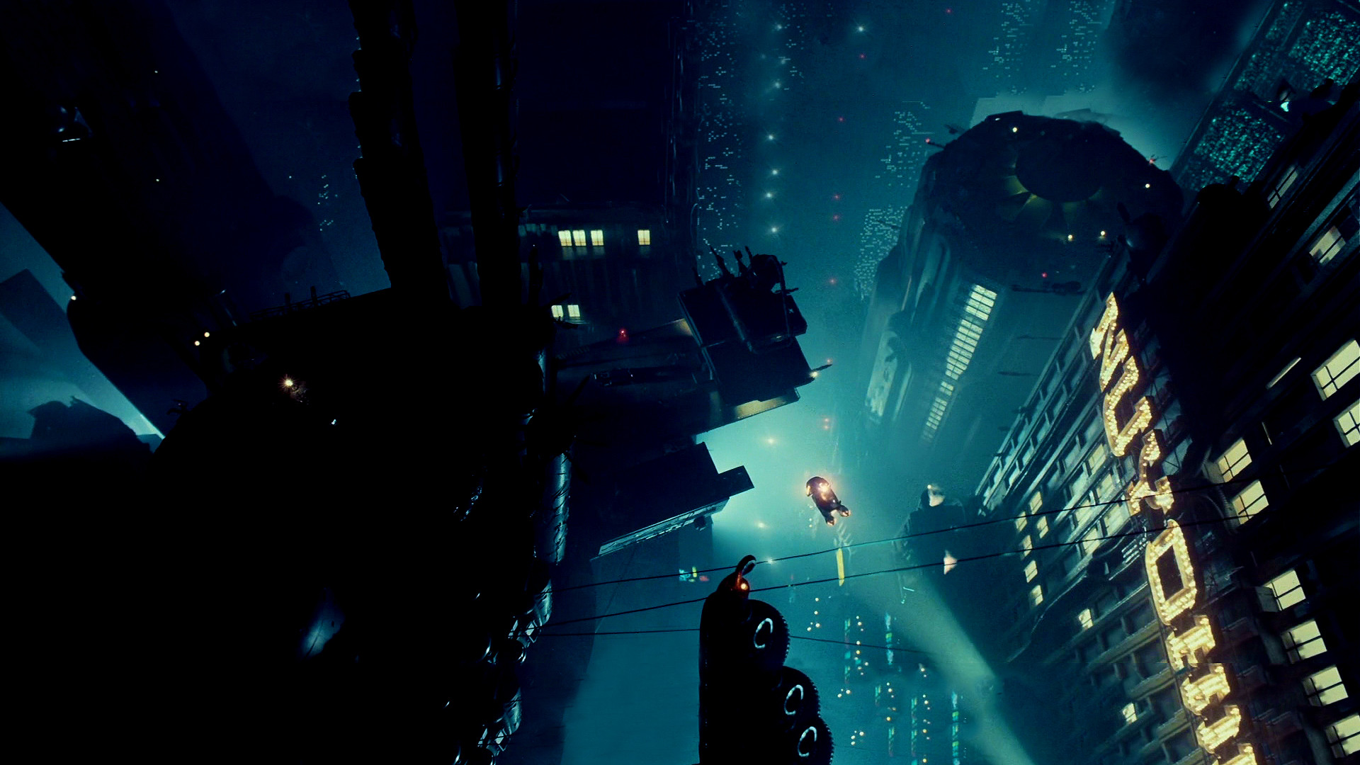 Blade Runner 2049, Spinner, Grattacieli, Notte, Cyberpunk, Full HD, sfondo Windows 11