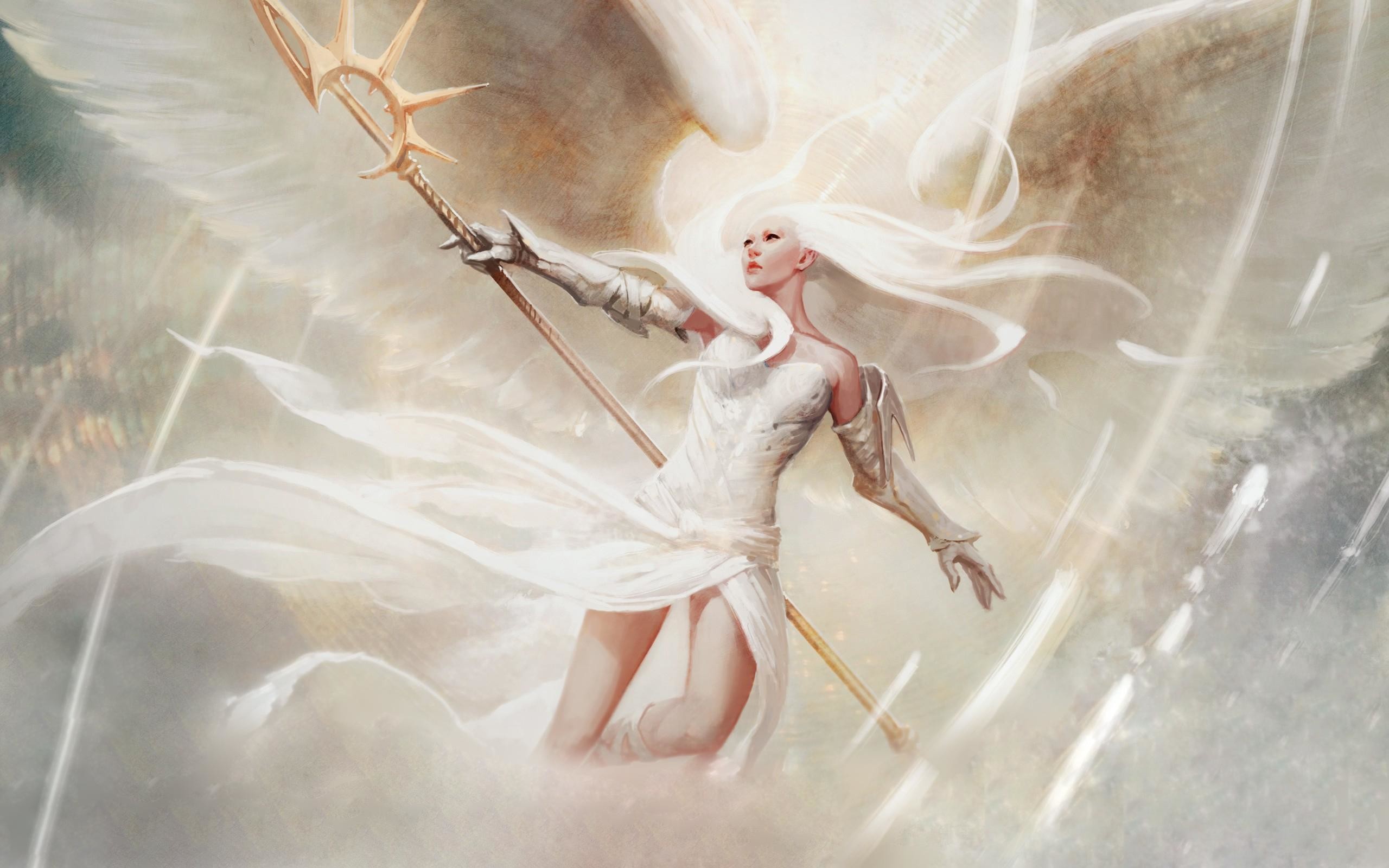 Angelo guerriero, Lancia, Abito bianco, Ali bianche, Arte fantasy, sfondo desktop 2K