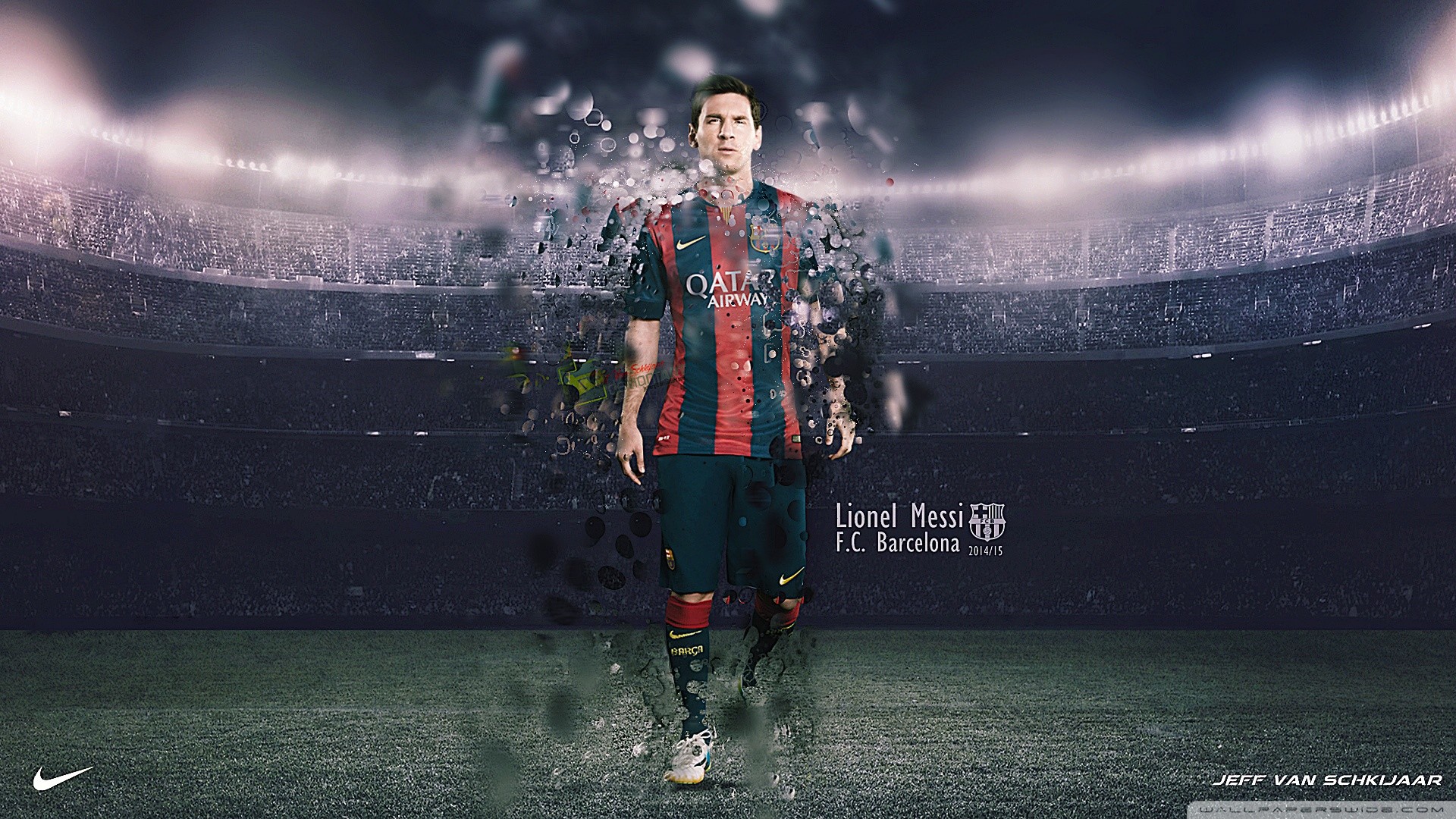 Lionel Messi, FC Barcelona, Stadio, Dispersione, Arte digitale, Full HD, sfondo desktop