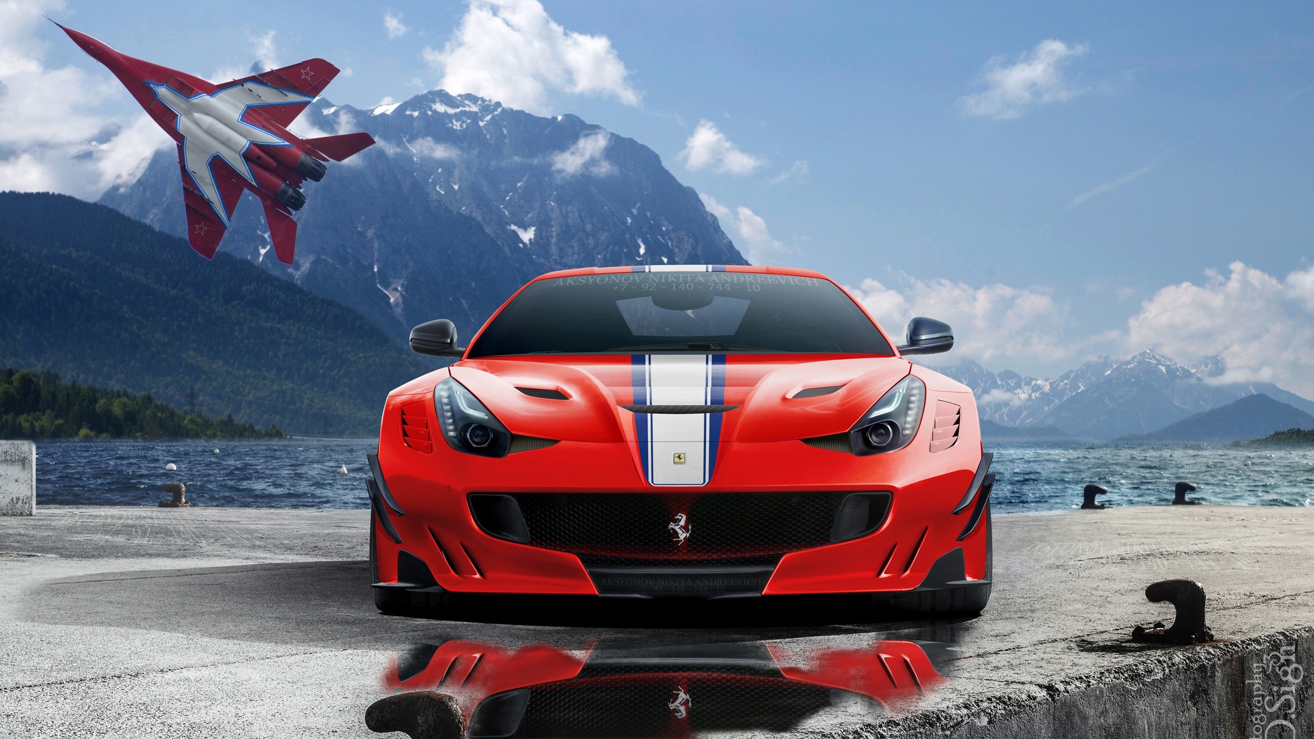 Ferrari F12tdf, Montagne, Lago, 2K, sfondo per portatile
