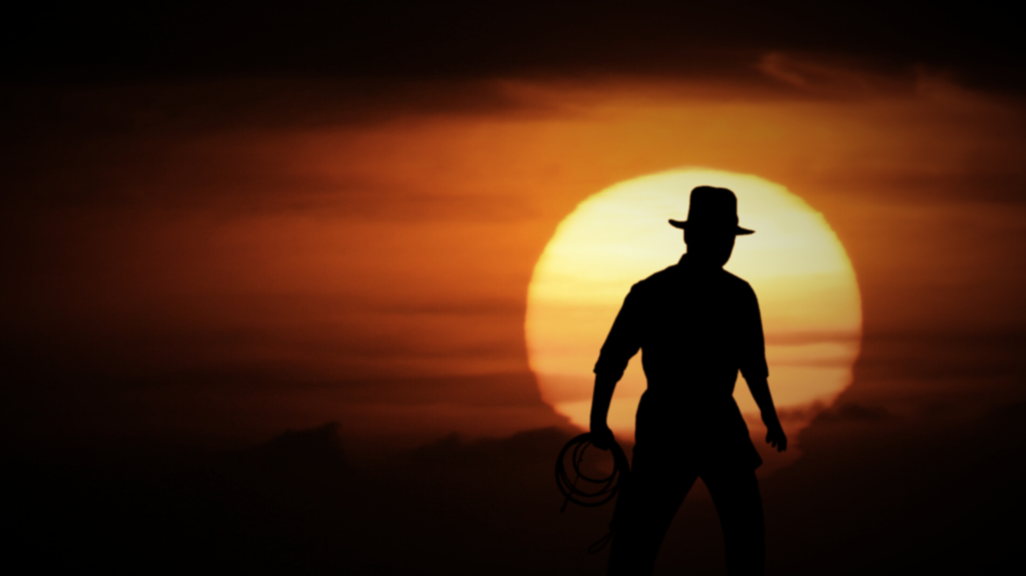 Indiana Jones, Silhouette, Sole, Tramonto, 2K, sfondo per portatile