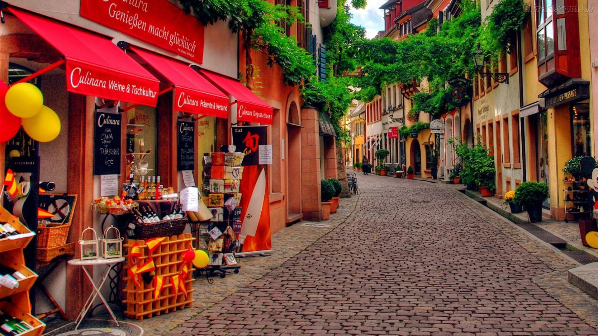 Strada acciottolata, Negozi, Centro storico, Fiori, Full HD, sfondo per PC e portatile