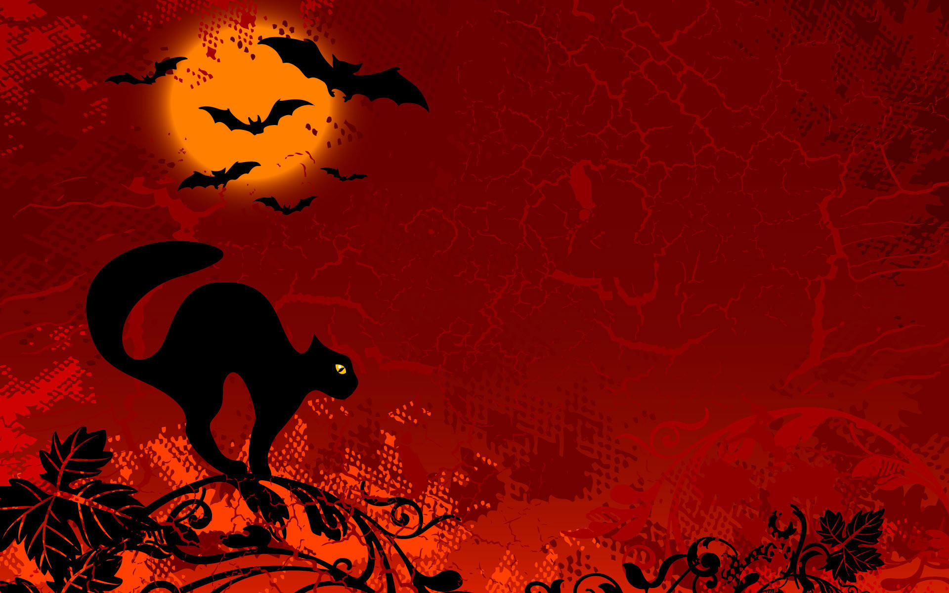 Gatto nero, Pipistrelli, Luna, Rosso, Silhouette, Full HD, sfondo desktop