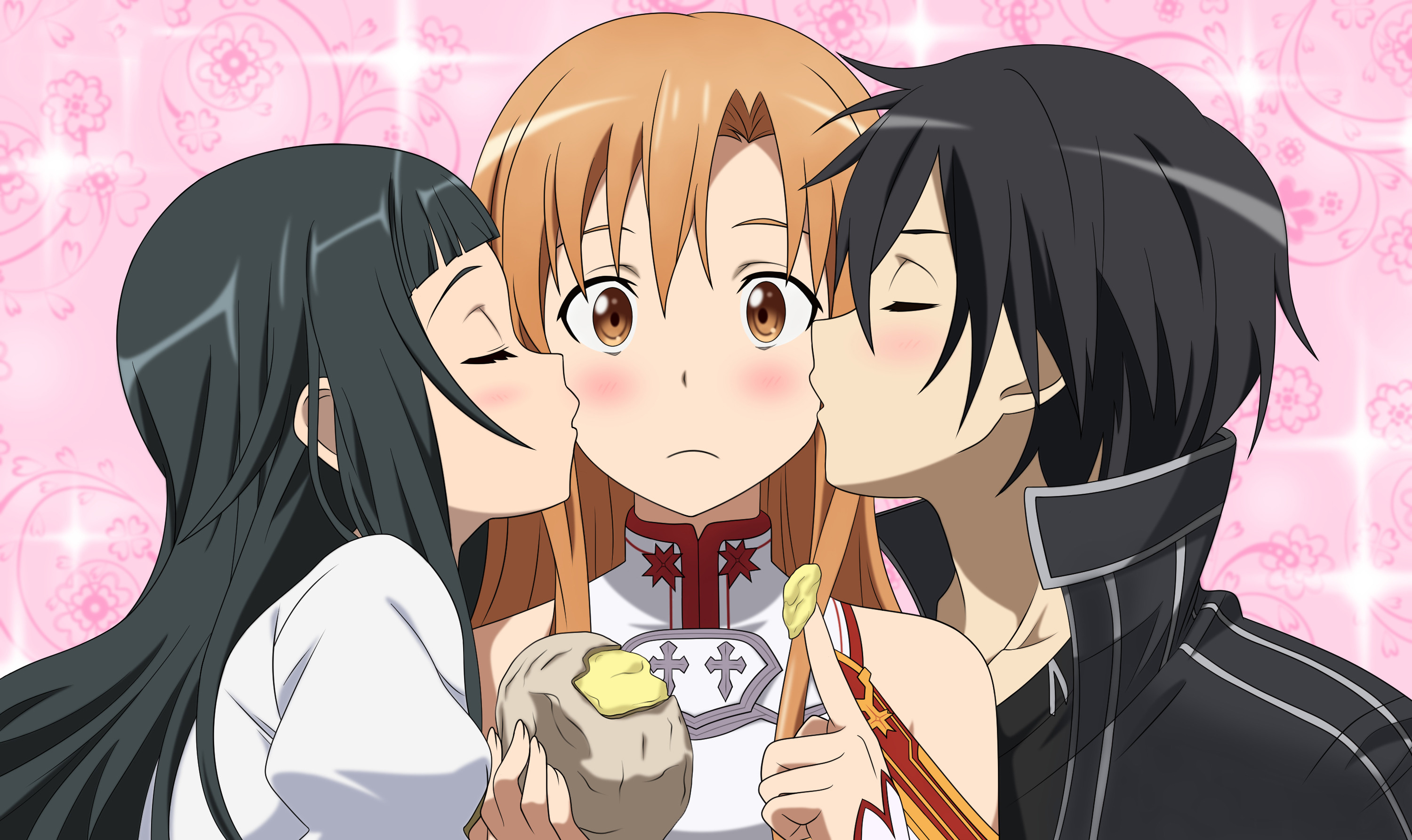 Asuna, Kirito, Yui, Sword Art Online, Bacio sulla guancia, Sfondo rosa, wallpaper Windows 11