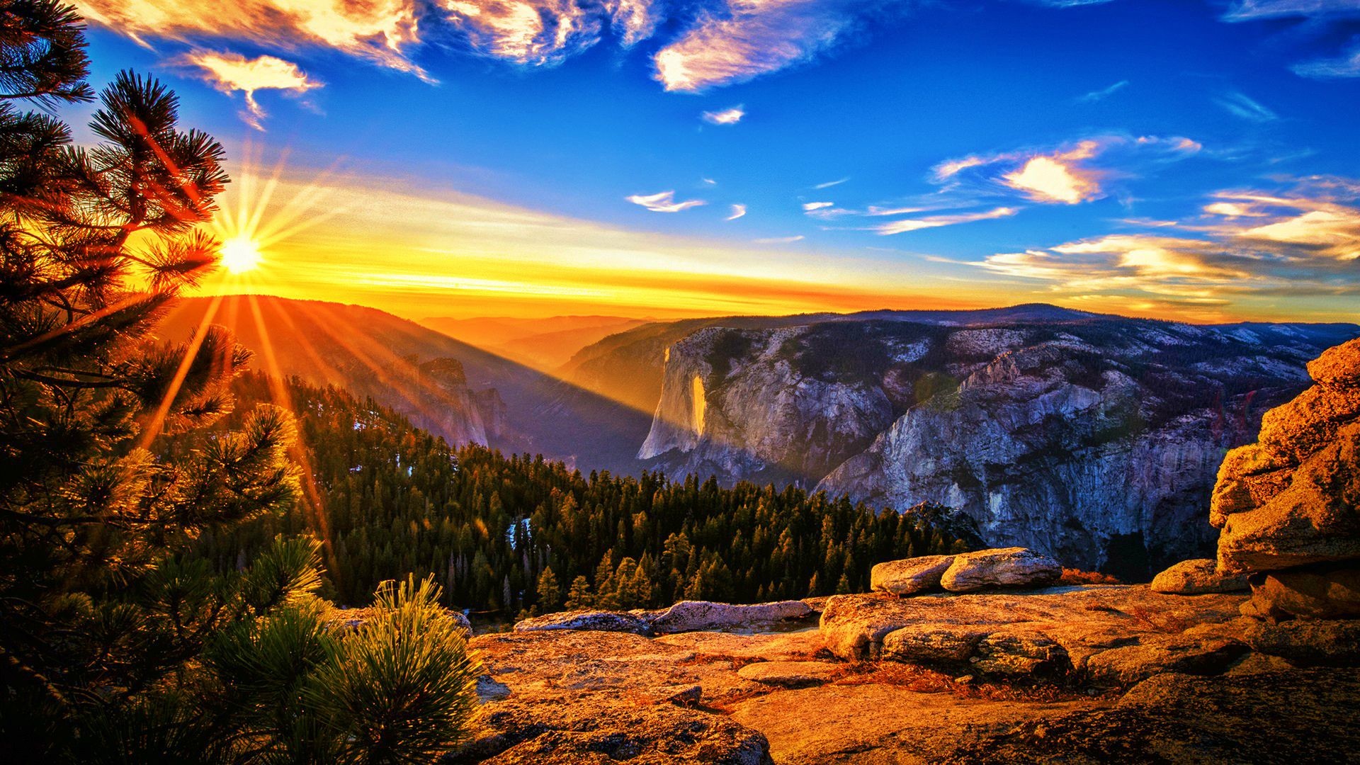 Yosemite, Tramonto, Raggi di sole, Cielo infuocato, Valle, Full HD, sfondo Windows 11