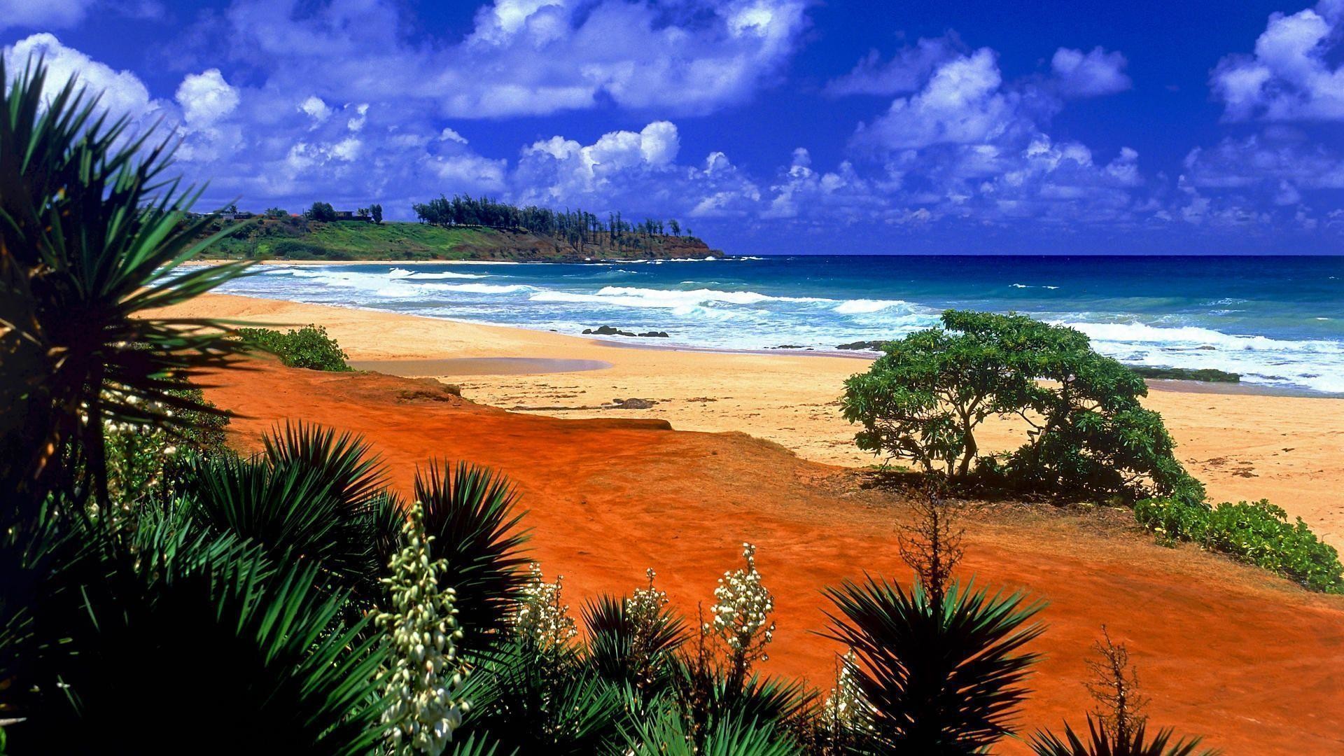 Kauai, Hawaii, Spiaggia, Terra rossa, Oceano, Full HD 1080p, sfondo desktop