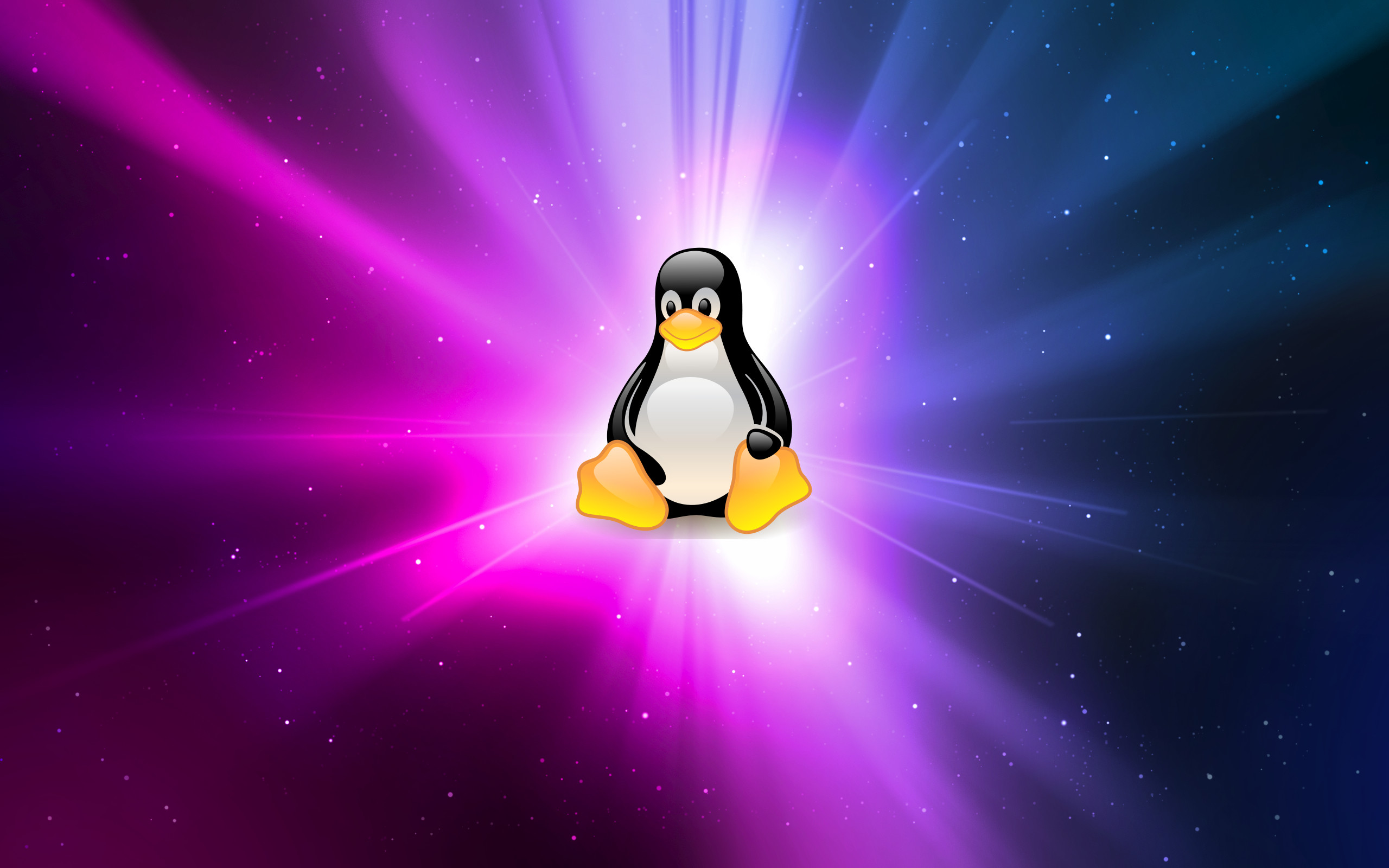 Tux, Linux, Esplosione di luce, Spazio, Viola, 2K, sfondo per PC e portatile