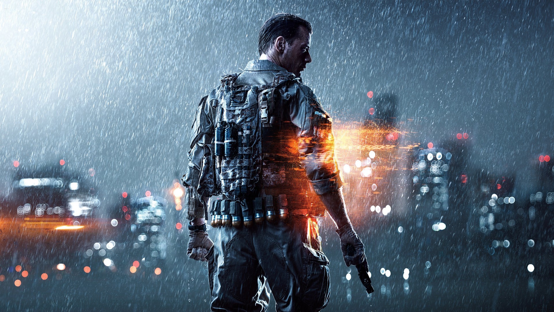Battlefield 4, Soldato, Pioggia, Luci della città, Full HD, sfondo per PC e portatile