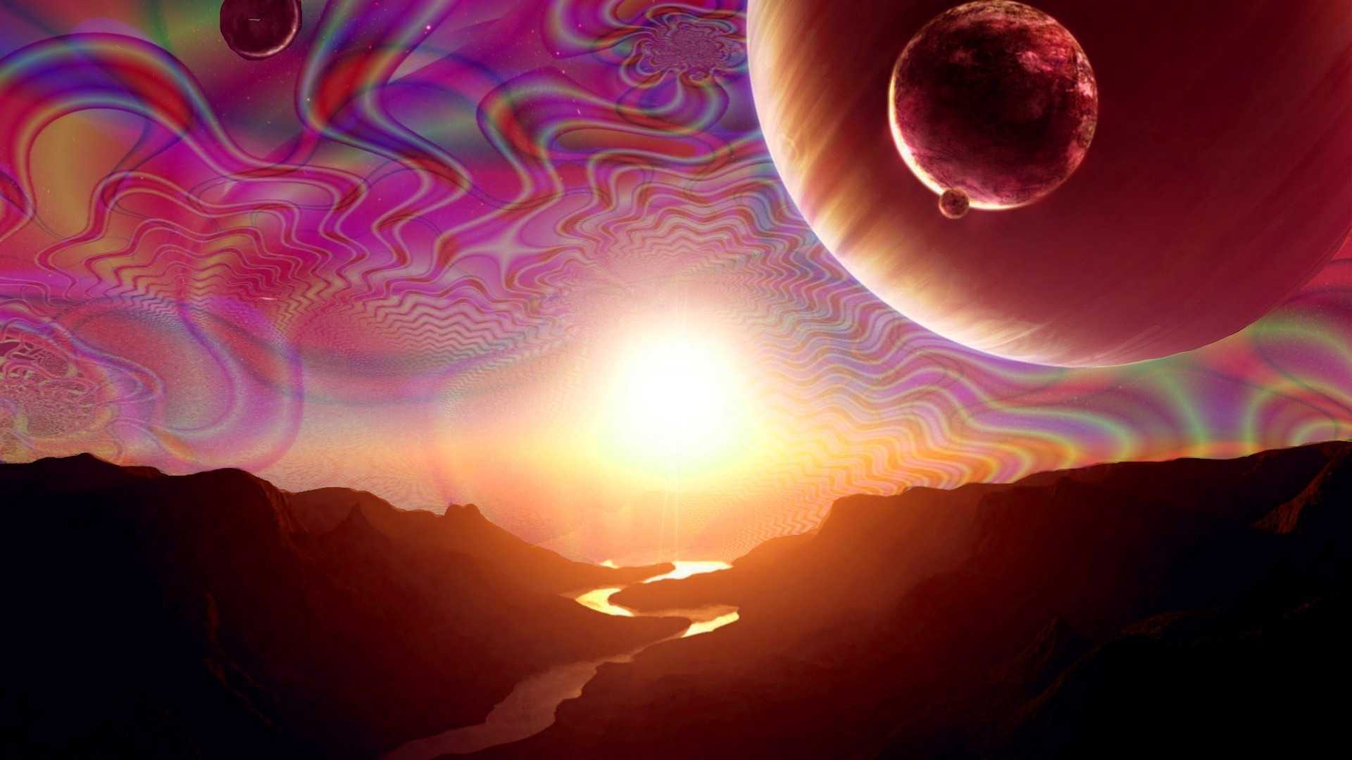 Pianeti, Tramonto, Cielo psichedelico, Fantascienza, Full HD, sfondo per portatile