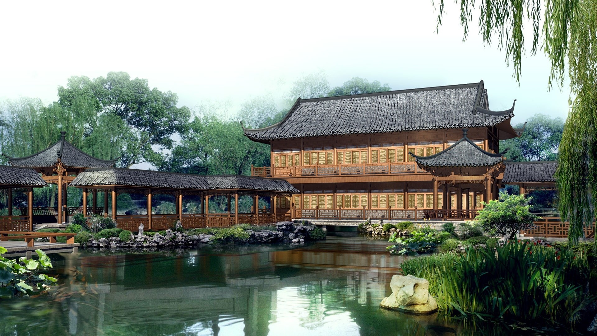 Cina, Padiglione, Giardino cinese, Laghetto, Salici, 1920x1080, sfondo per PC