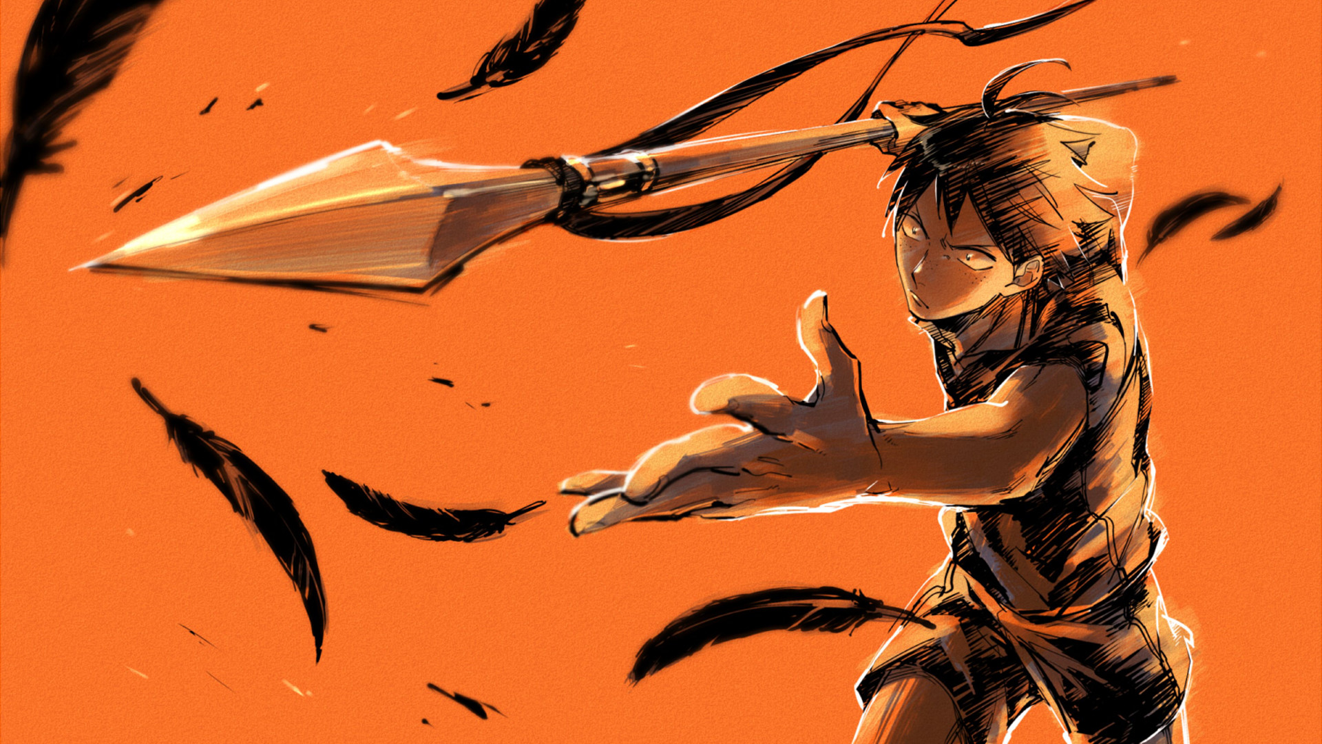 Haikyu!!, Piume, Sfondo arancione, Arte, Full HD, wallpaper per PC